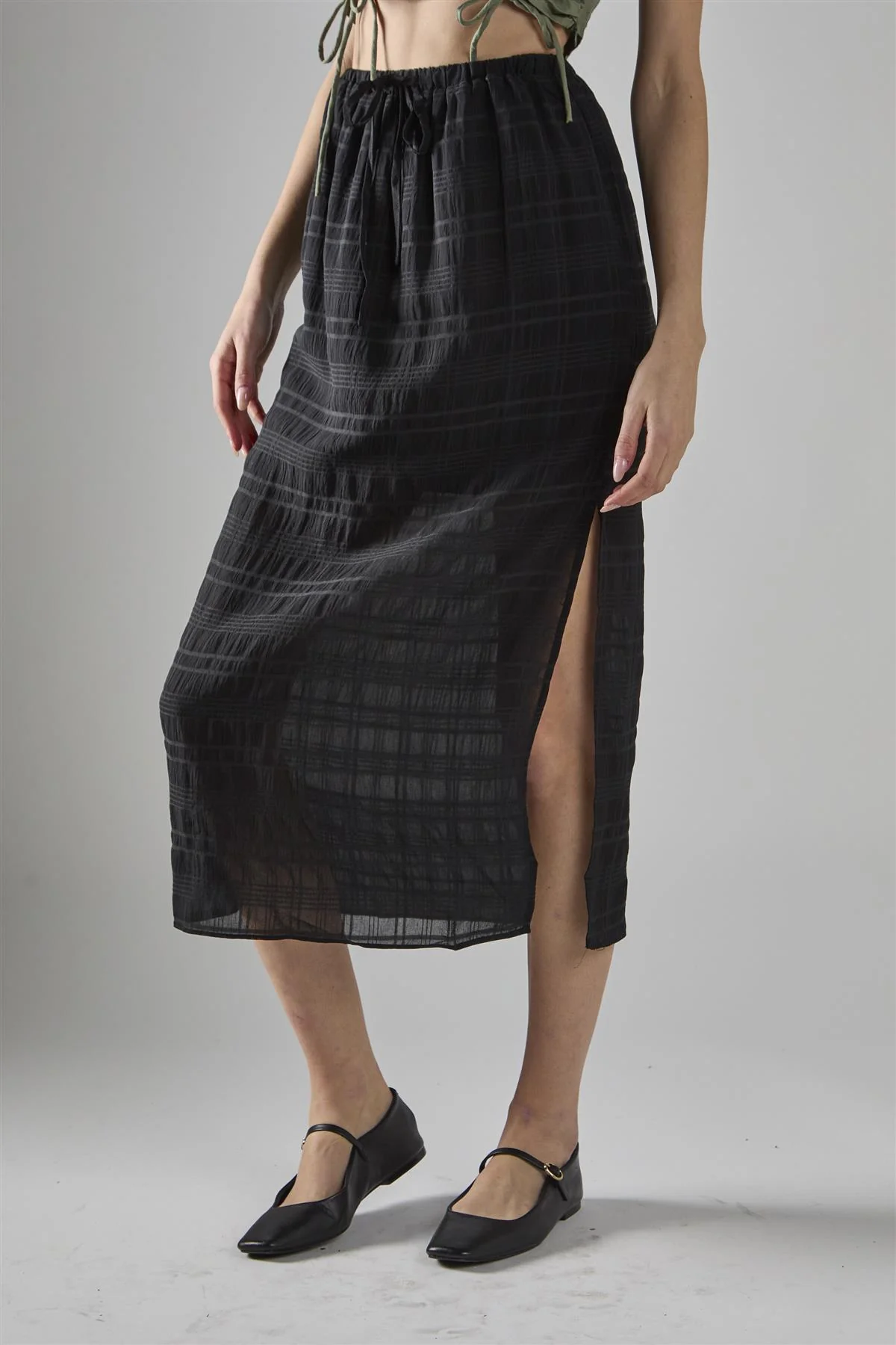 Black Check High-Waist Split Thigh Midaxi-Skirt - Image 3