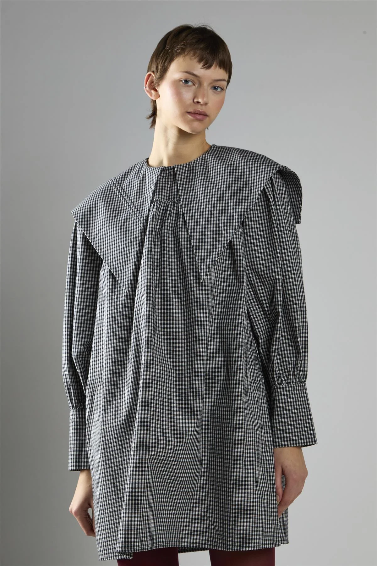Black Check Oversized Collar Mini Dress - Image 3
