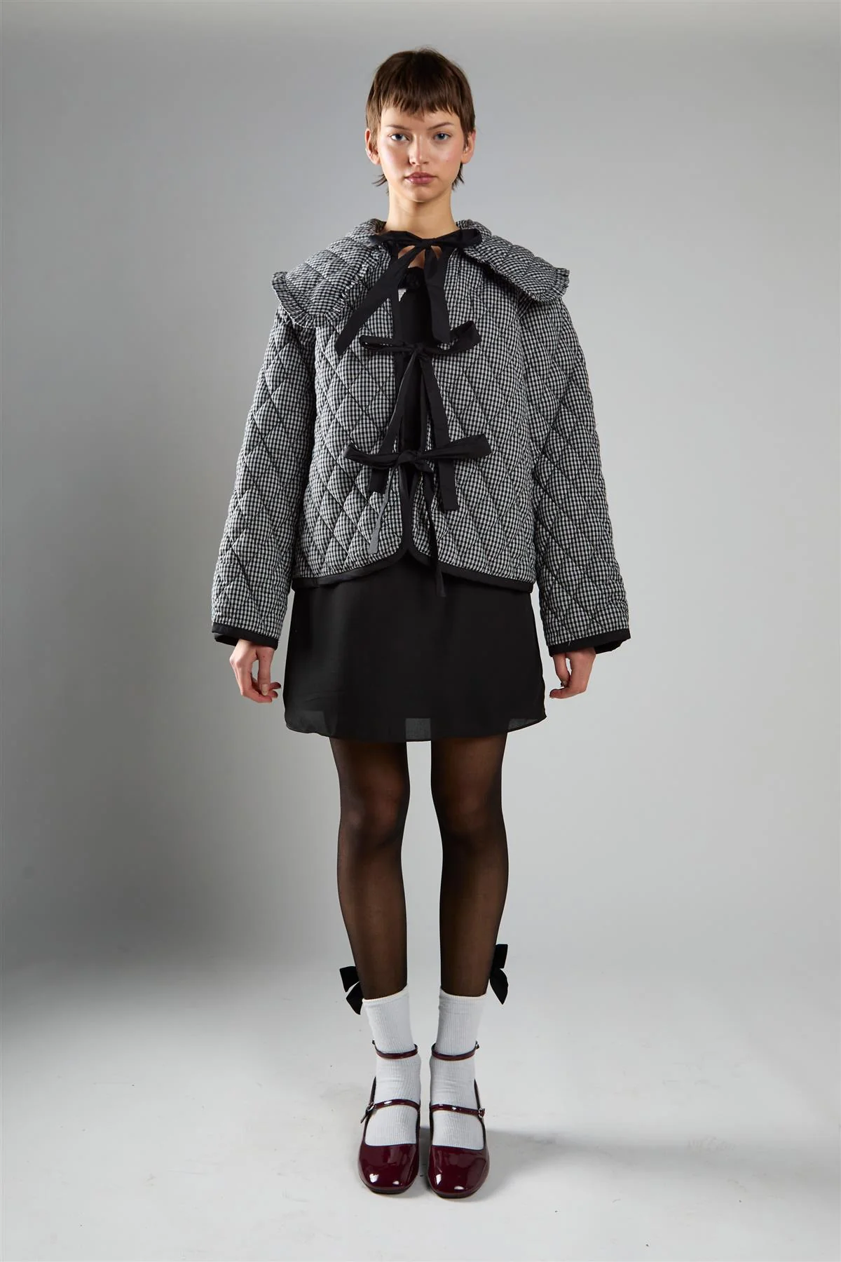 Black Check Quilted Collared Jacket - Image 5