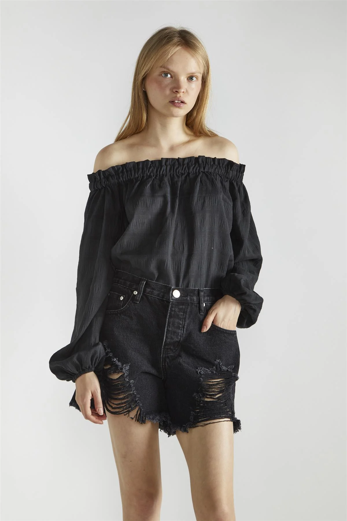 Black-Check Swing Bardot-Top - Image 3