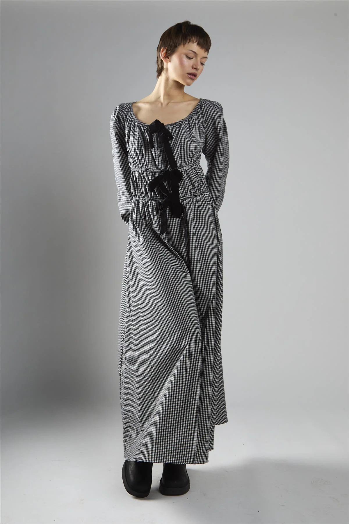 Black Check Velvet Bow Maxi Dress
