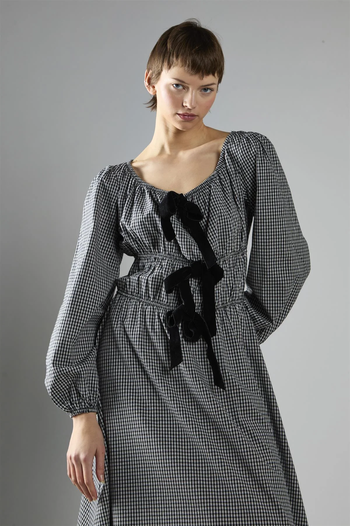 Black Check Velvet Bow Maxi Dress - Image 3
