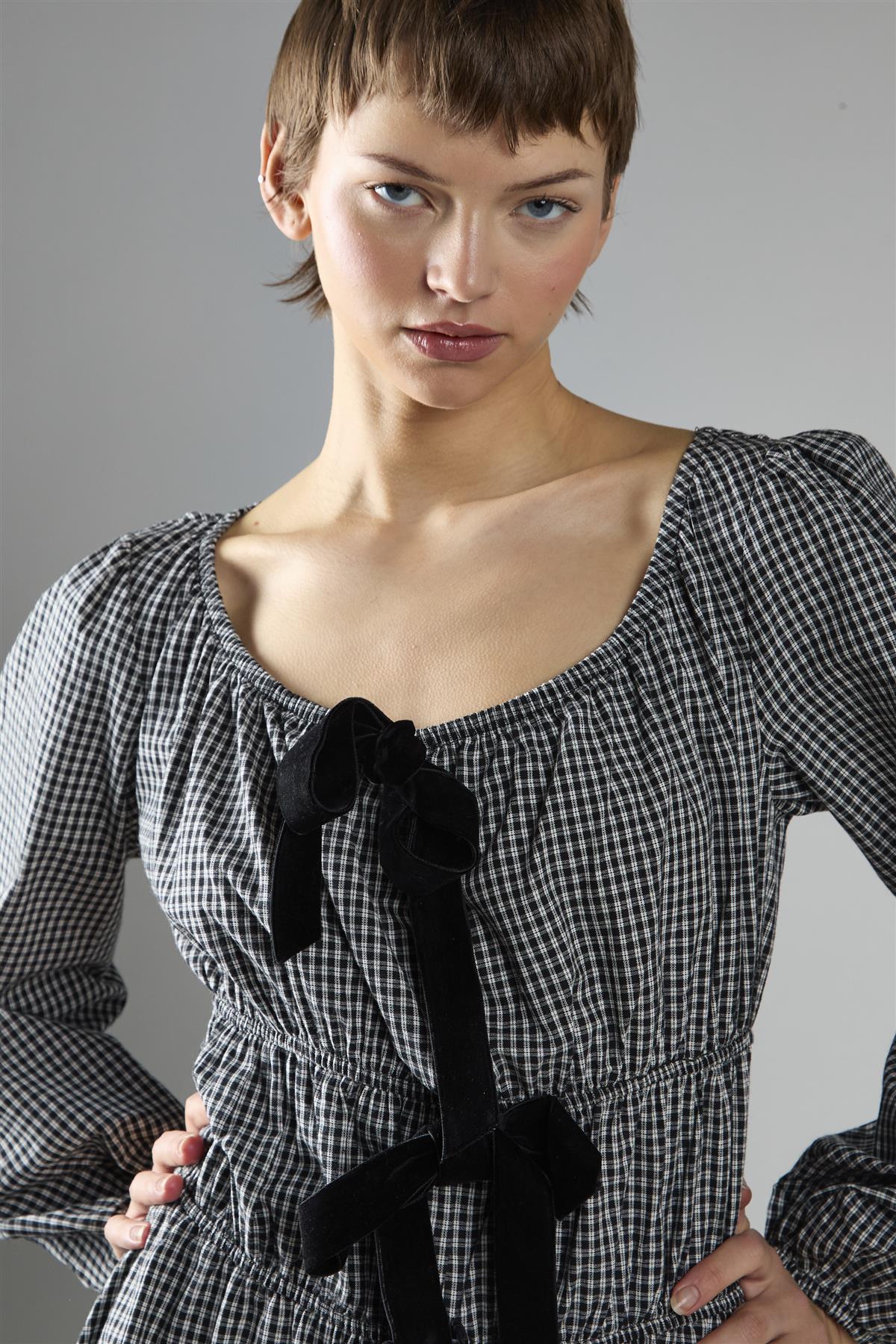 Black Check Velvet Bow Maxi Dress - Image 4