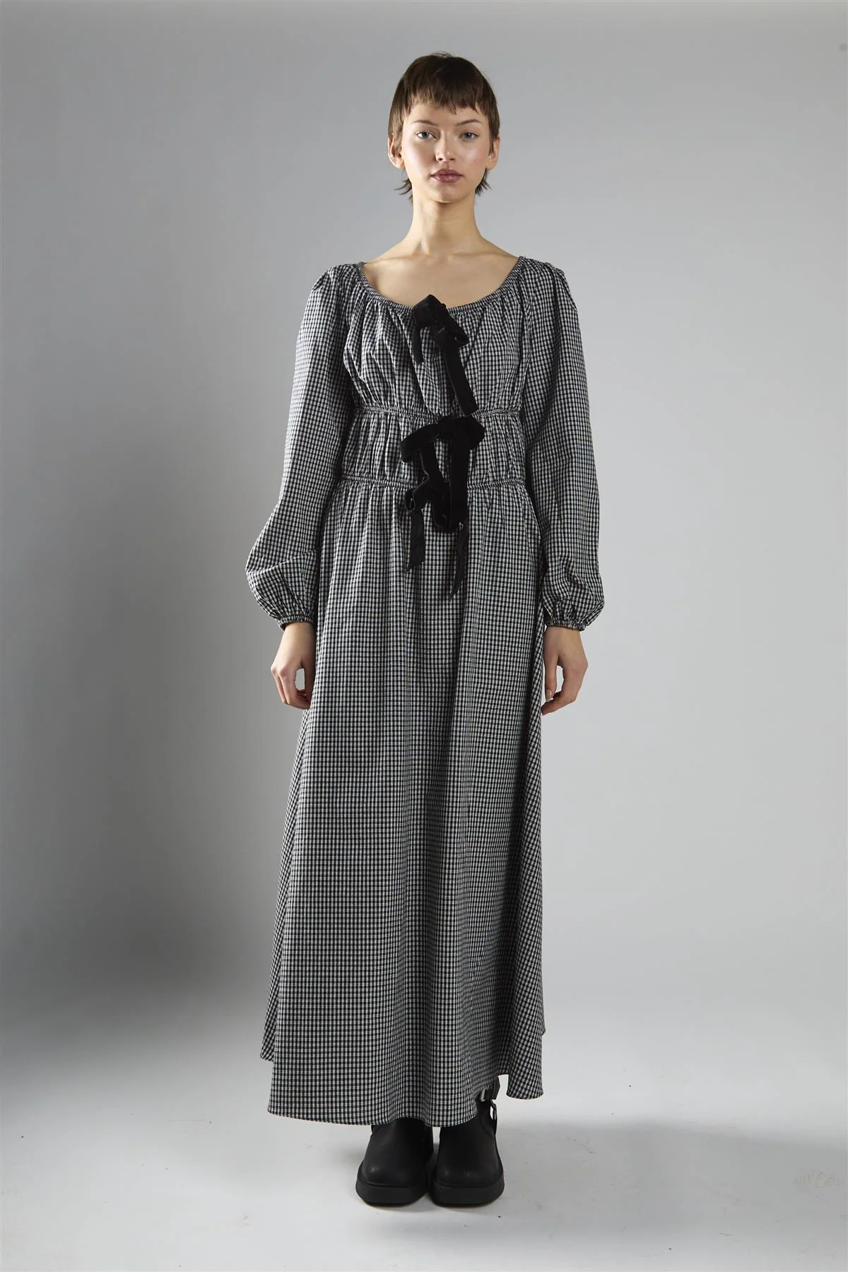 Black Check Velvet Bow Maxi Dress - Image 5