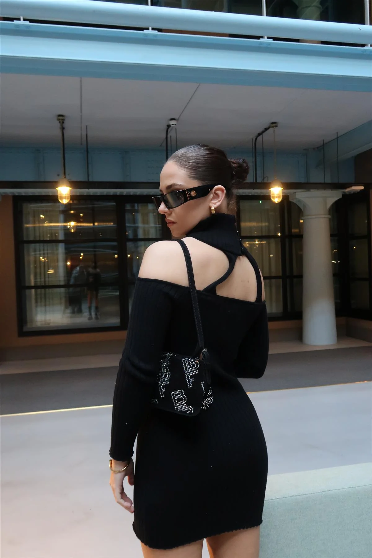 Black Choker-Neck Rib-Knit Mini-Dress - Image 2