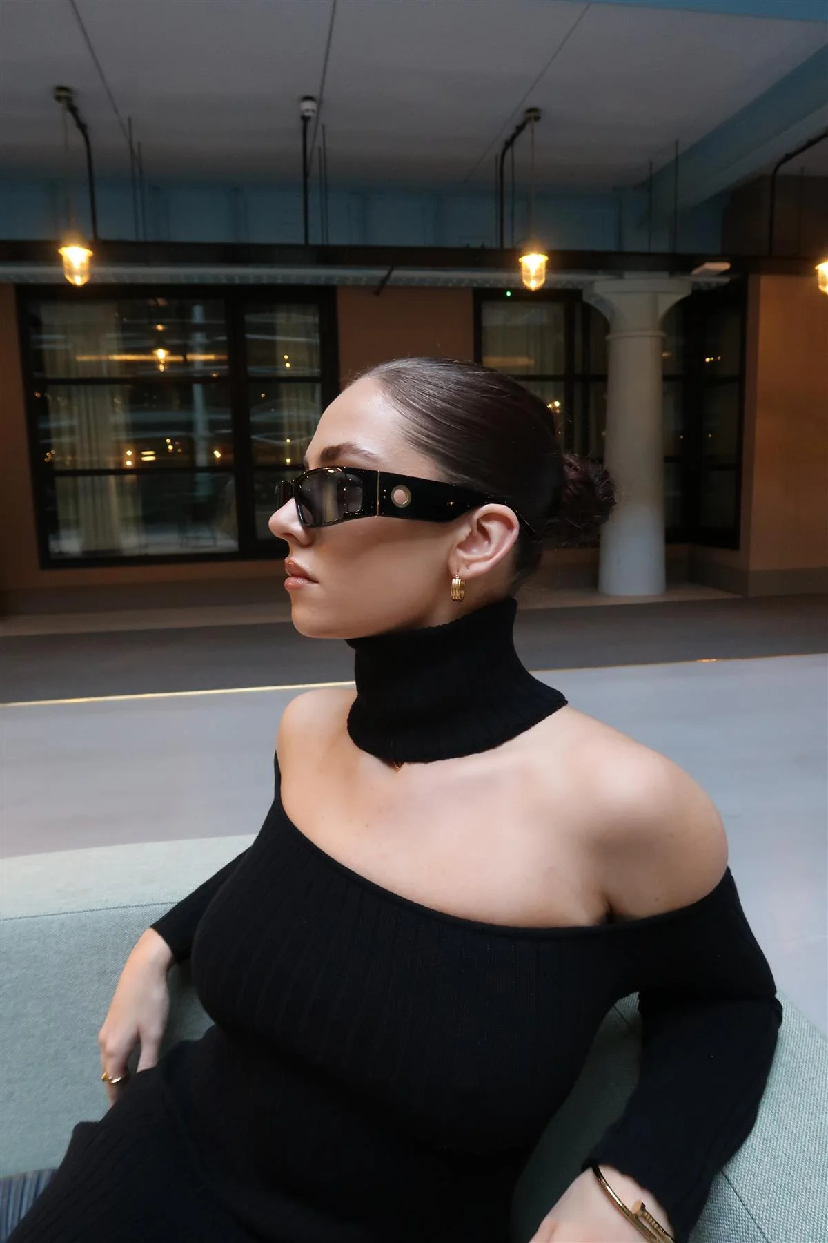 Black Choker-Neck Rib-Knit Mini-Dress - Image 3