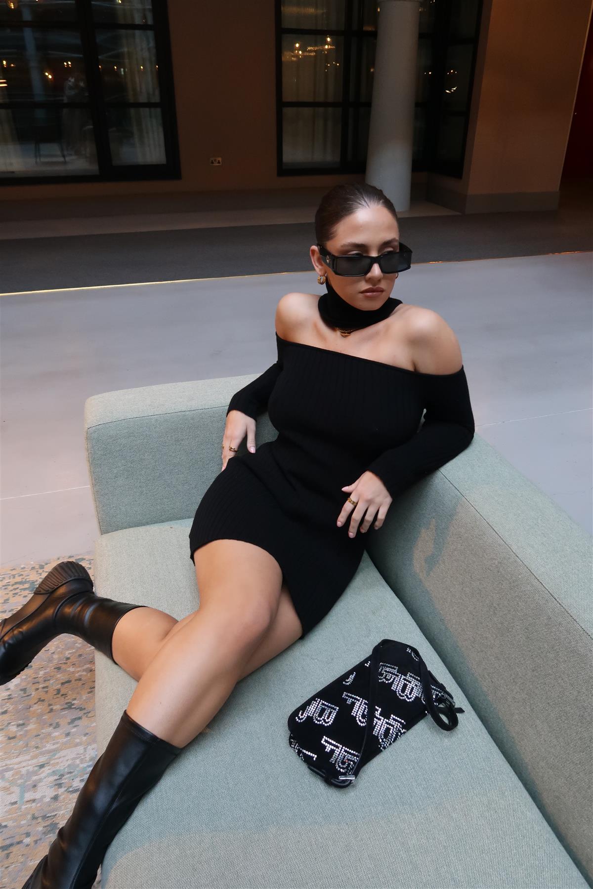 Black Choker-Neck Rib-Knit Mini-Dress - Image 4