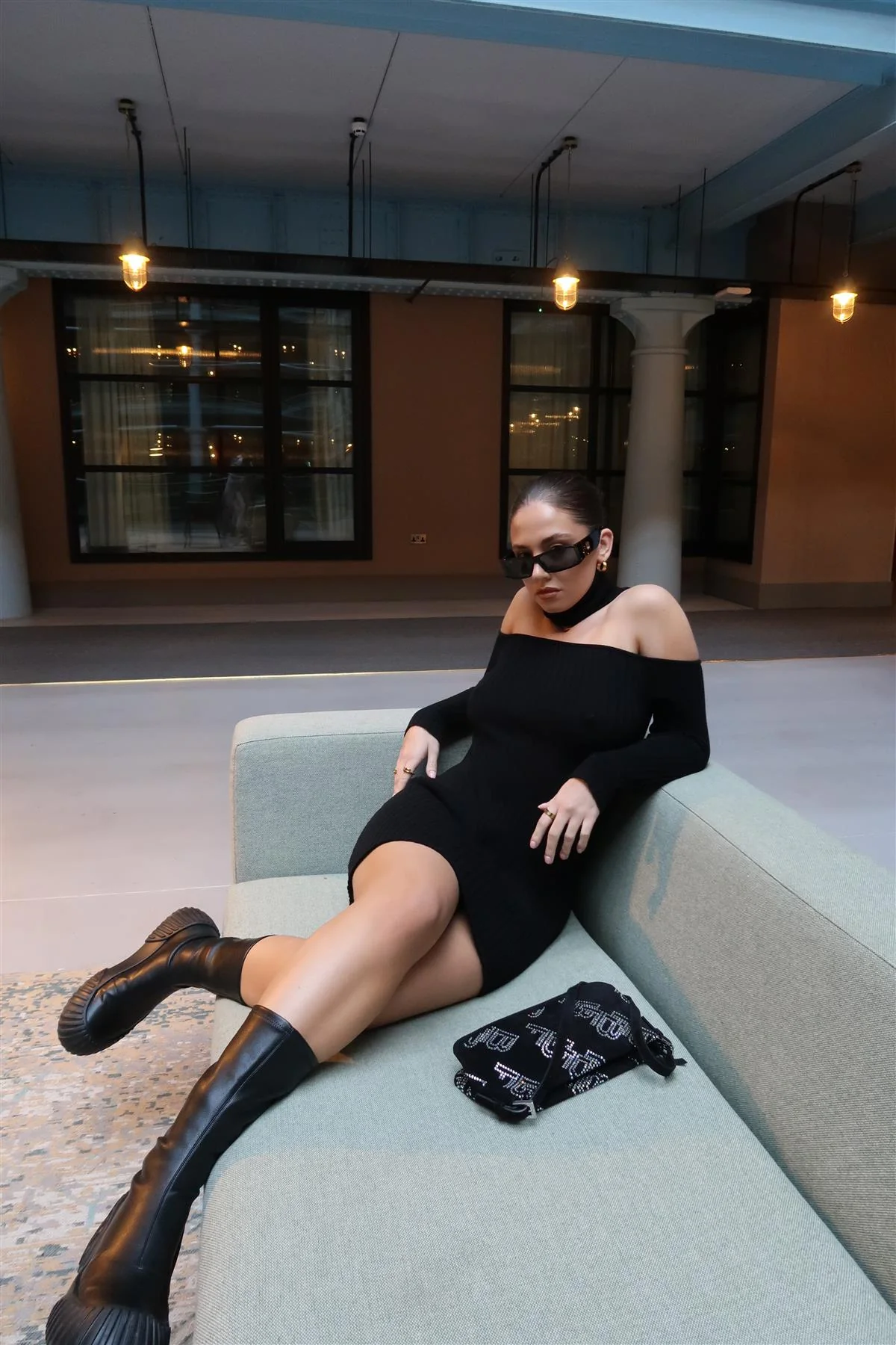 Black Choker-Neck Rib-Knit Mini-Dress - Image 5
