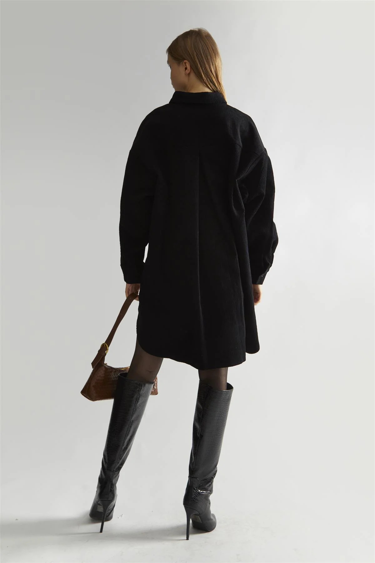 Black-Corduroy Hi-Low Shirt-Dress - Image 2