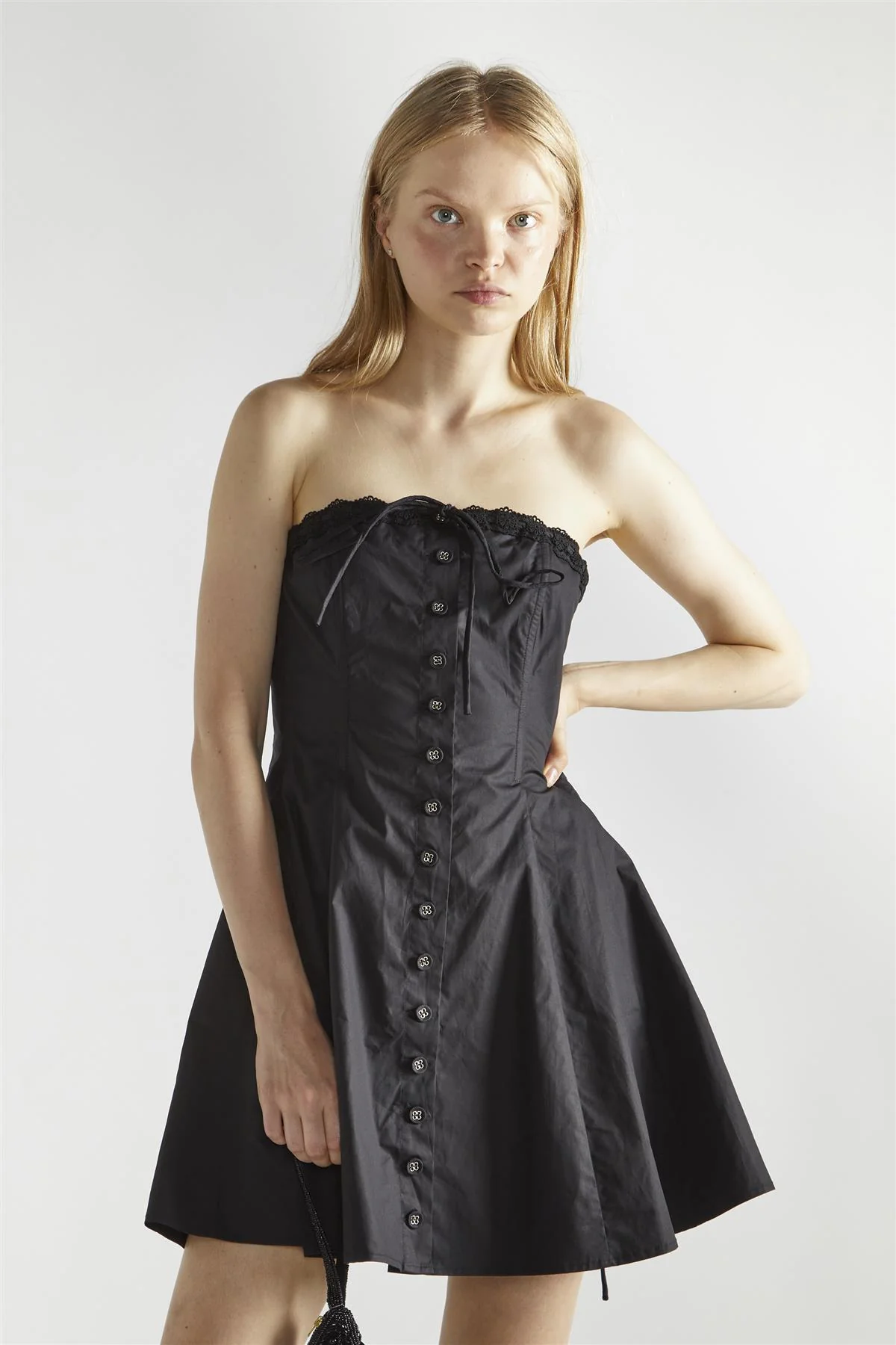 Black Cotton Bandeau Pleated Mini-Dress - Image 3