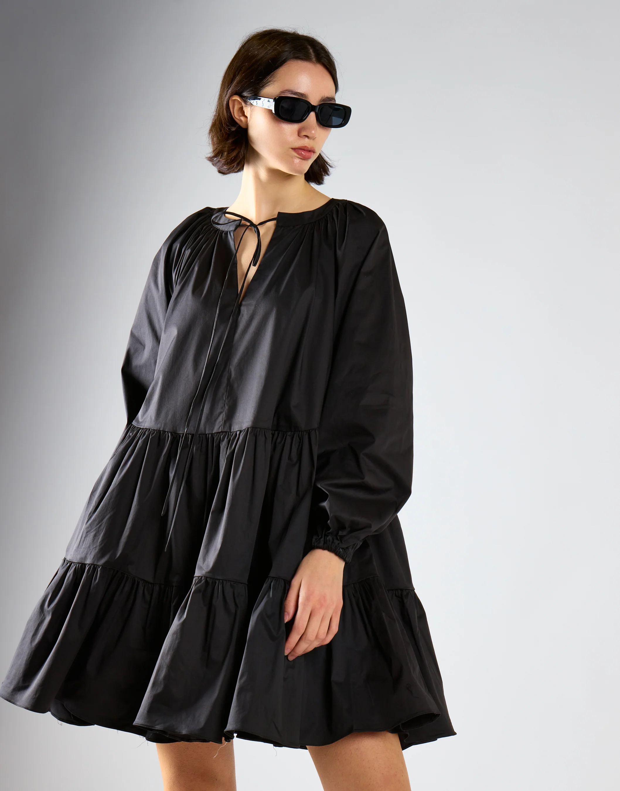 Black Cotton Long Sleeve Smock Dress - Image 3