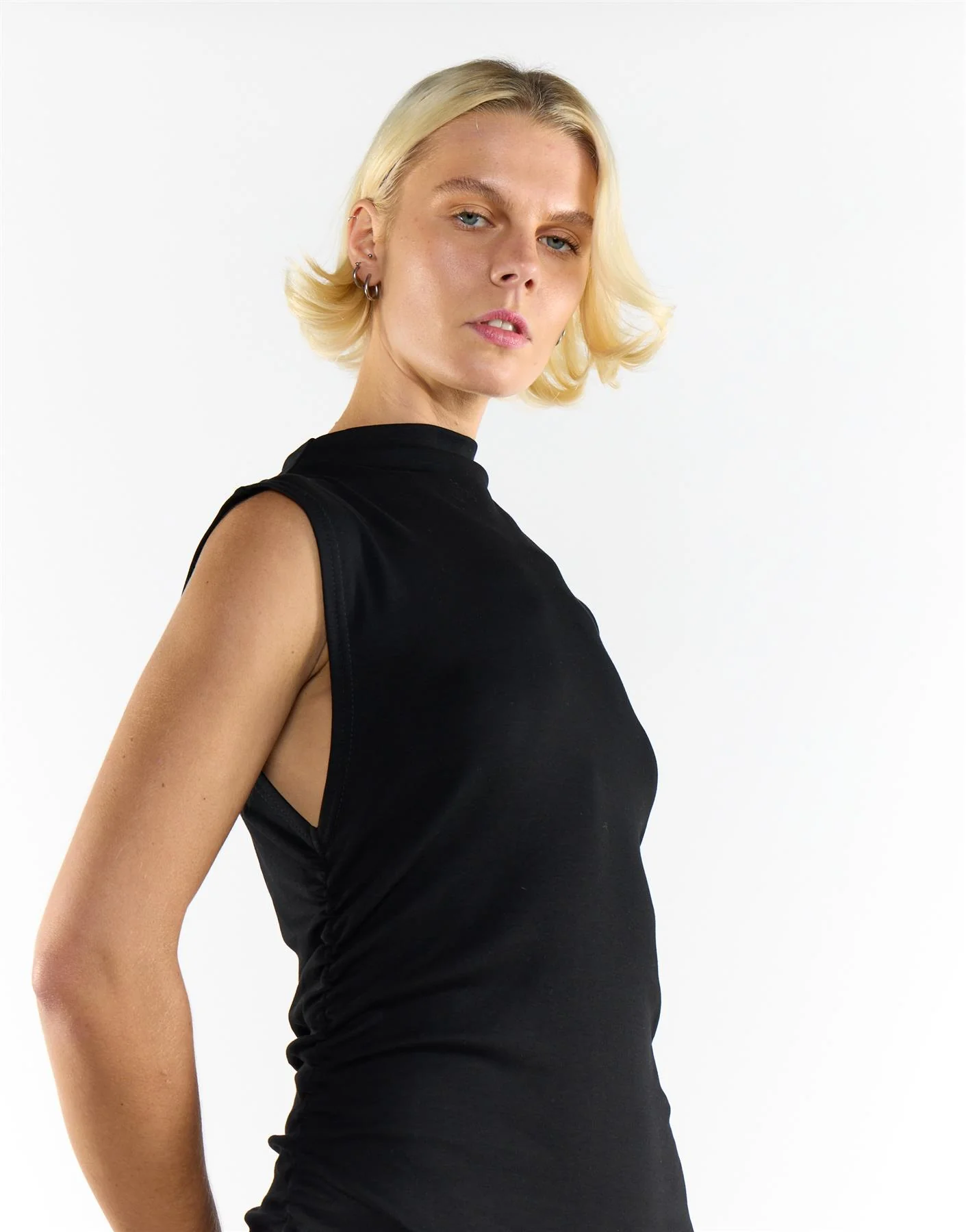 Black Cotton Mock Neck Long Dress - Image 3