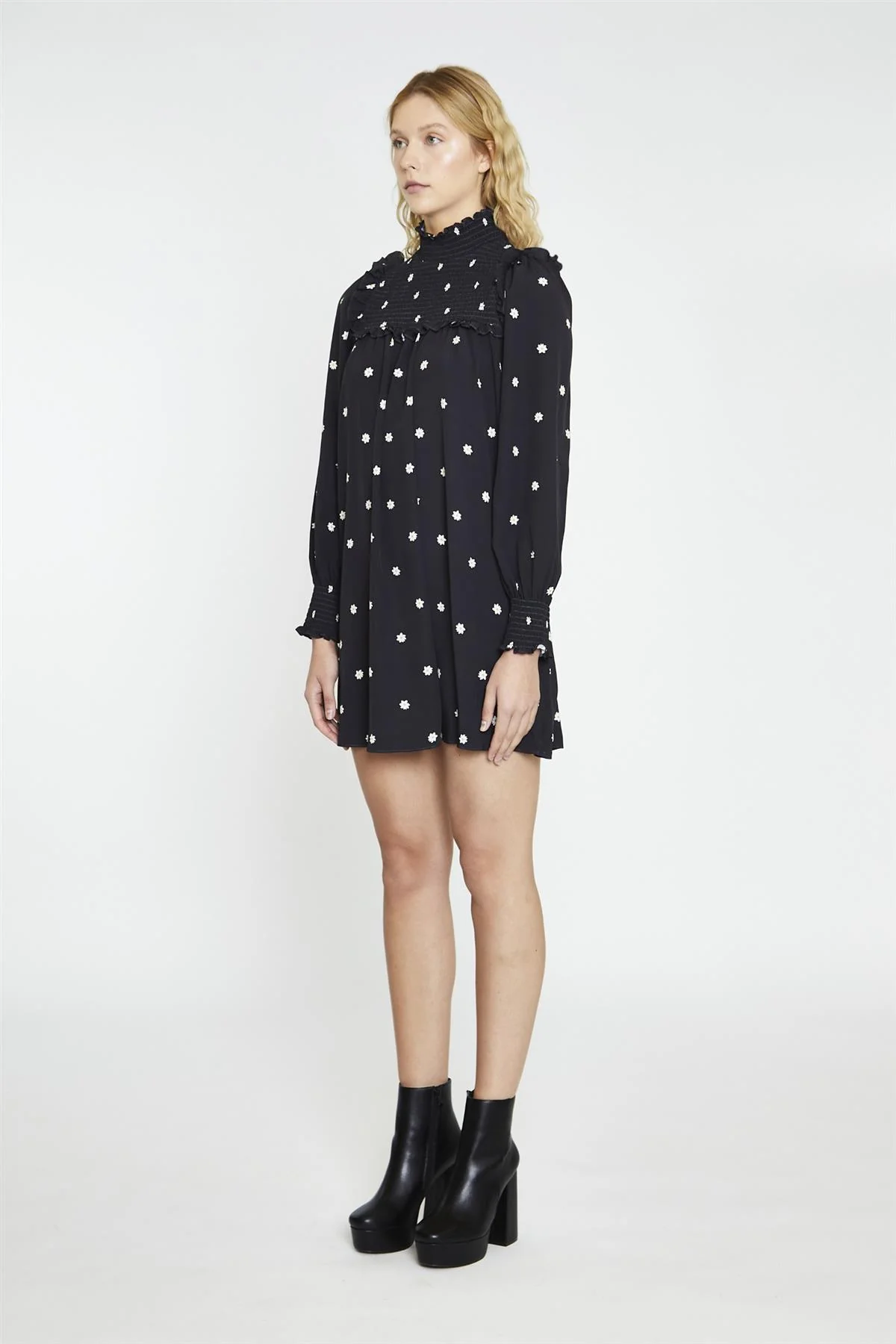 Black-Daisy Turtle-Neck Mini-Dress