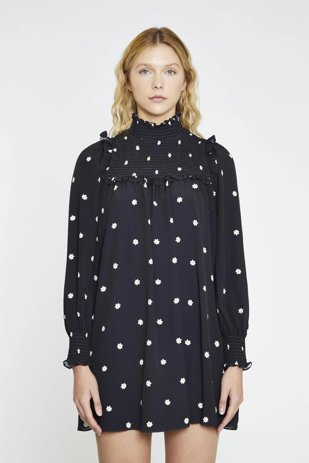 Black-Daisy Turtle-Neck Mini-Dress - Image 4