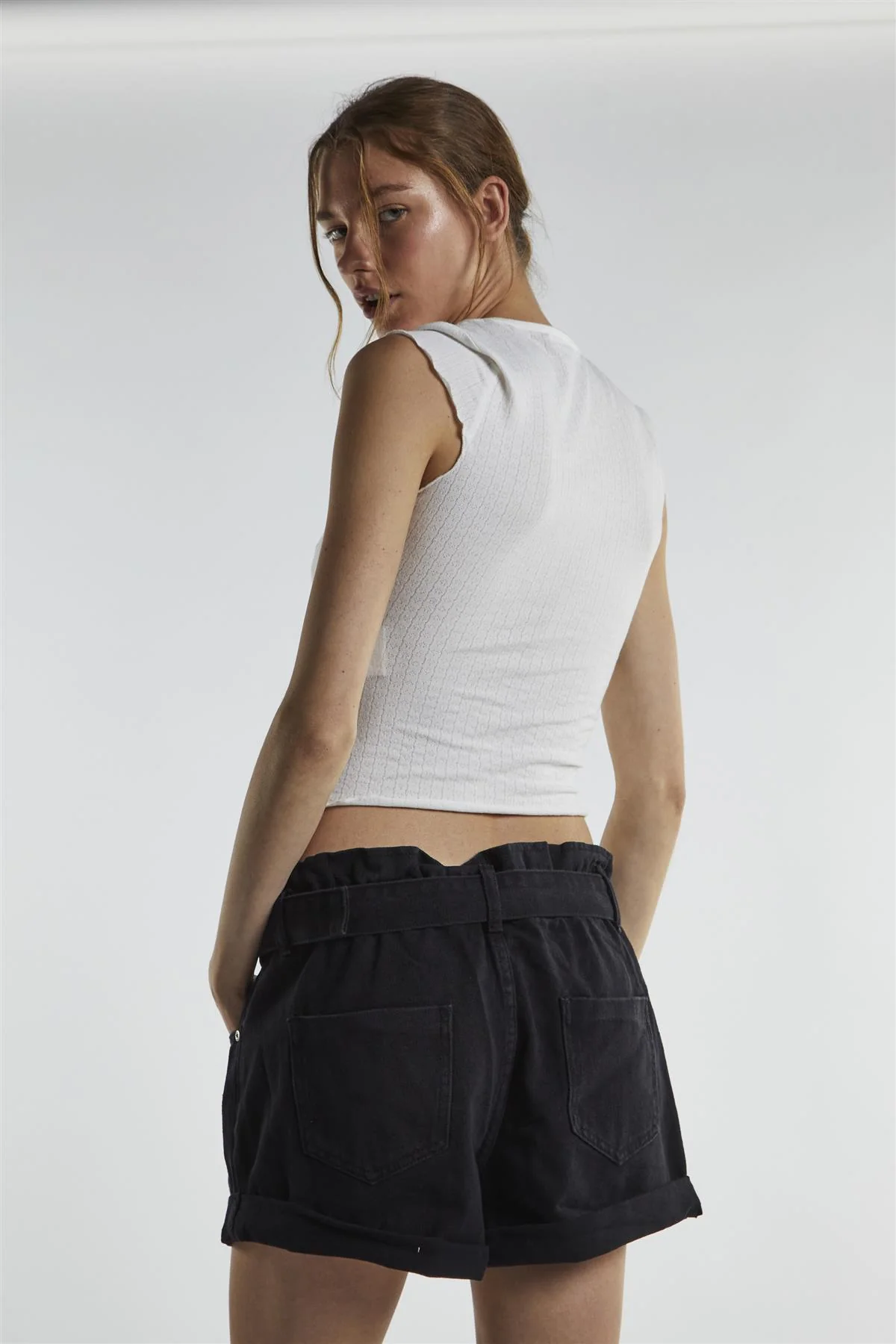 Black Denim Belted Shorts - Image 2