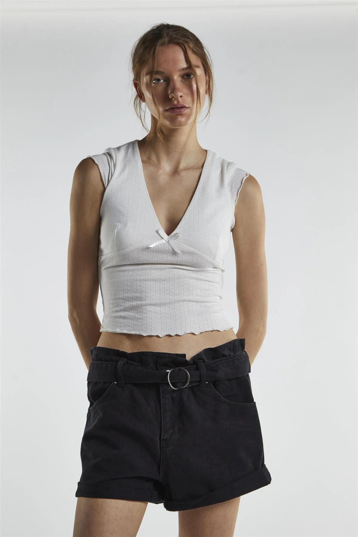 Black Denim Belted Shorts - Image 3