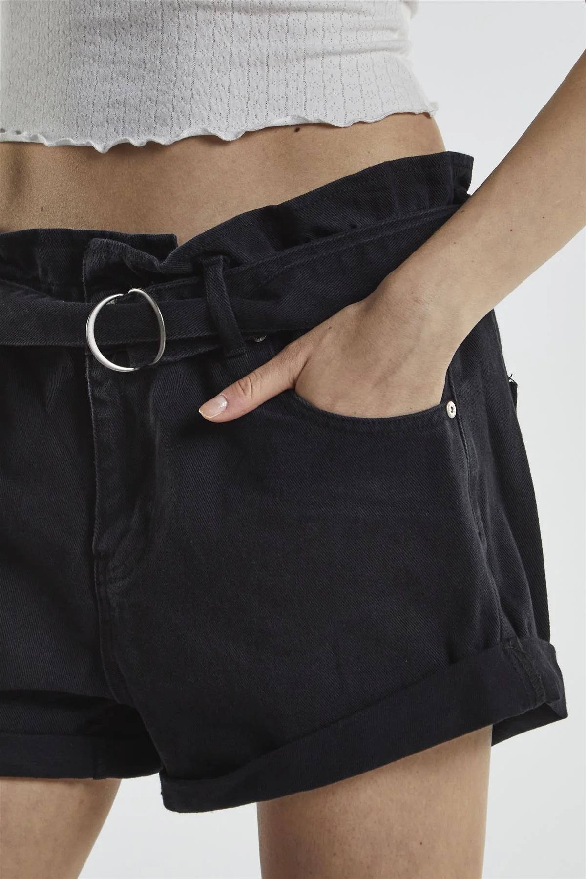 Black Denim Belted Shorts - Image 4