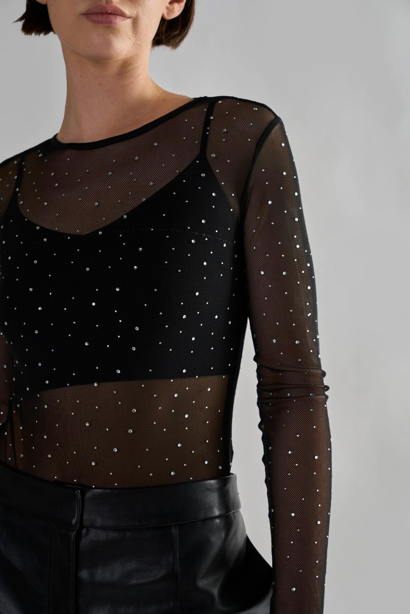 Black Diamante-Mesh Bodysuit - Image 2