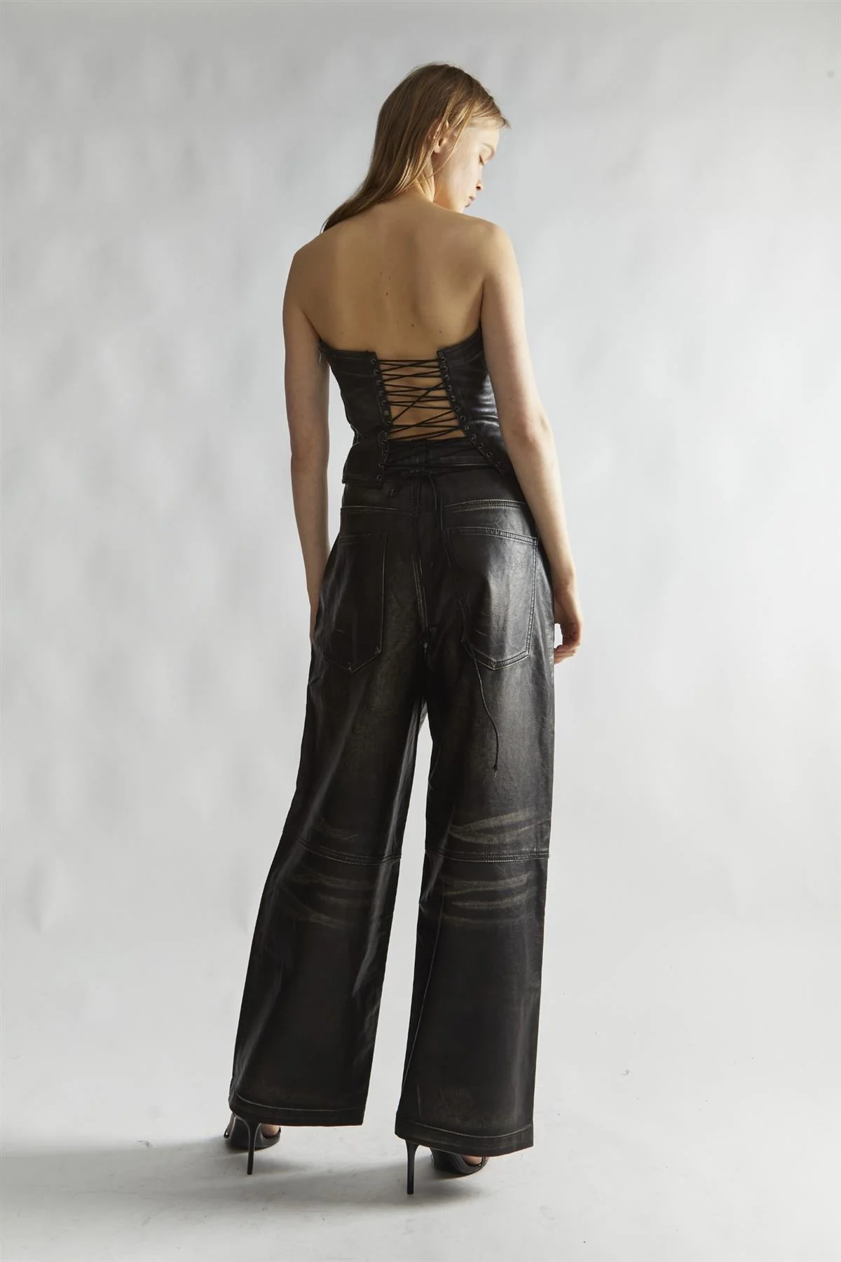 Black Distressed-PU Wide-Leg Trousers - Image 2