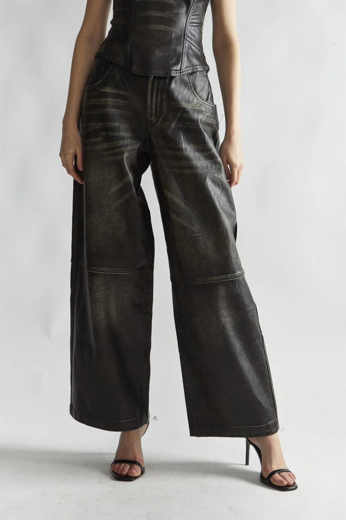 Black Distressed-PU Wide-Leg Trousers - Image 3
