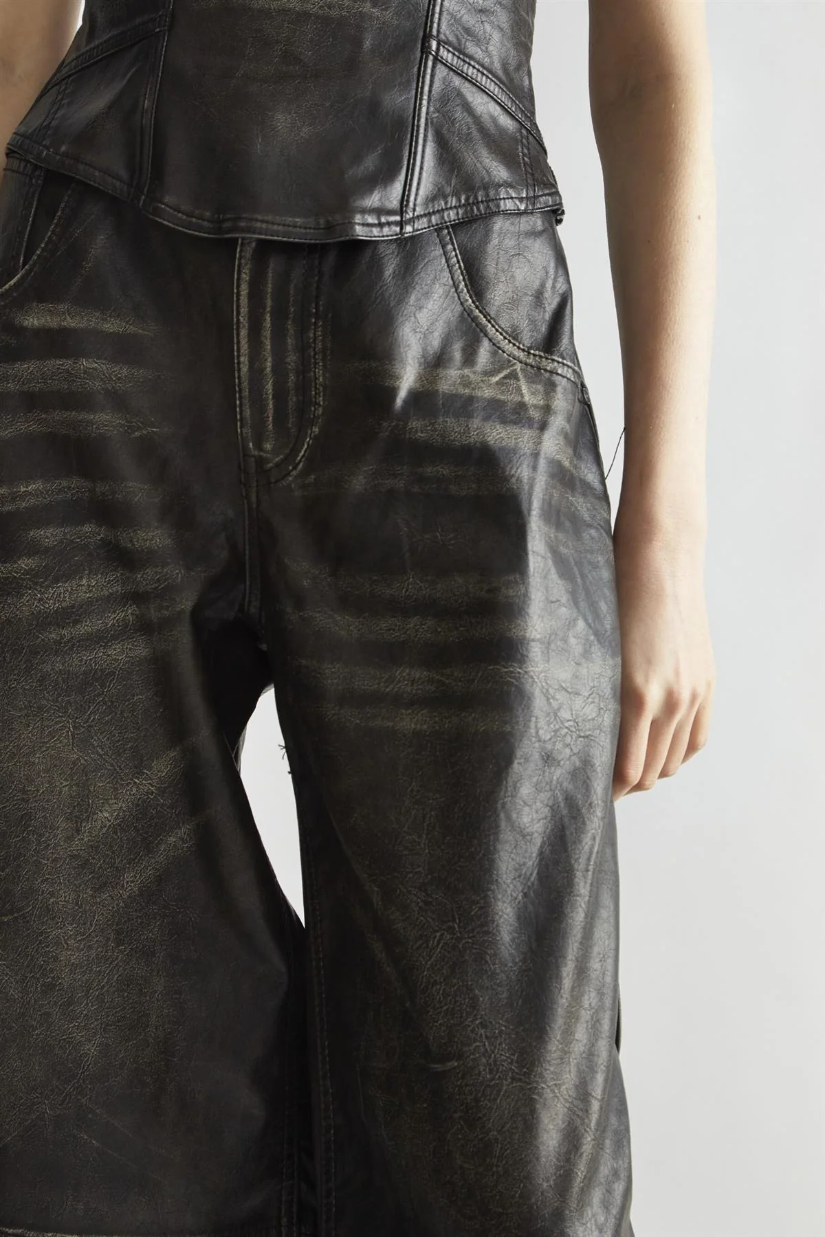 Black Distressed-PU Wide-Leg Trousers - Image 4
