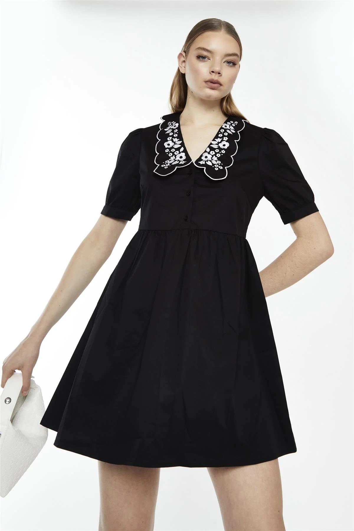 Black Floral-Statement-Collar Mini-Dress