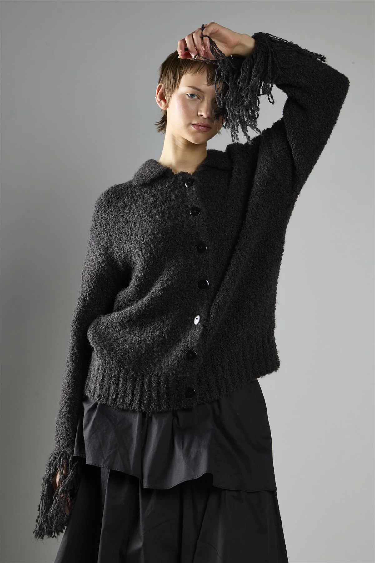 Black Fringe Cuff Button-front Cardigan - Image 3