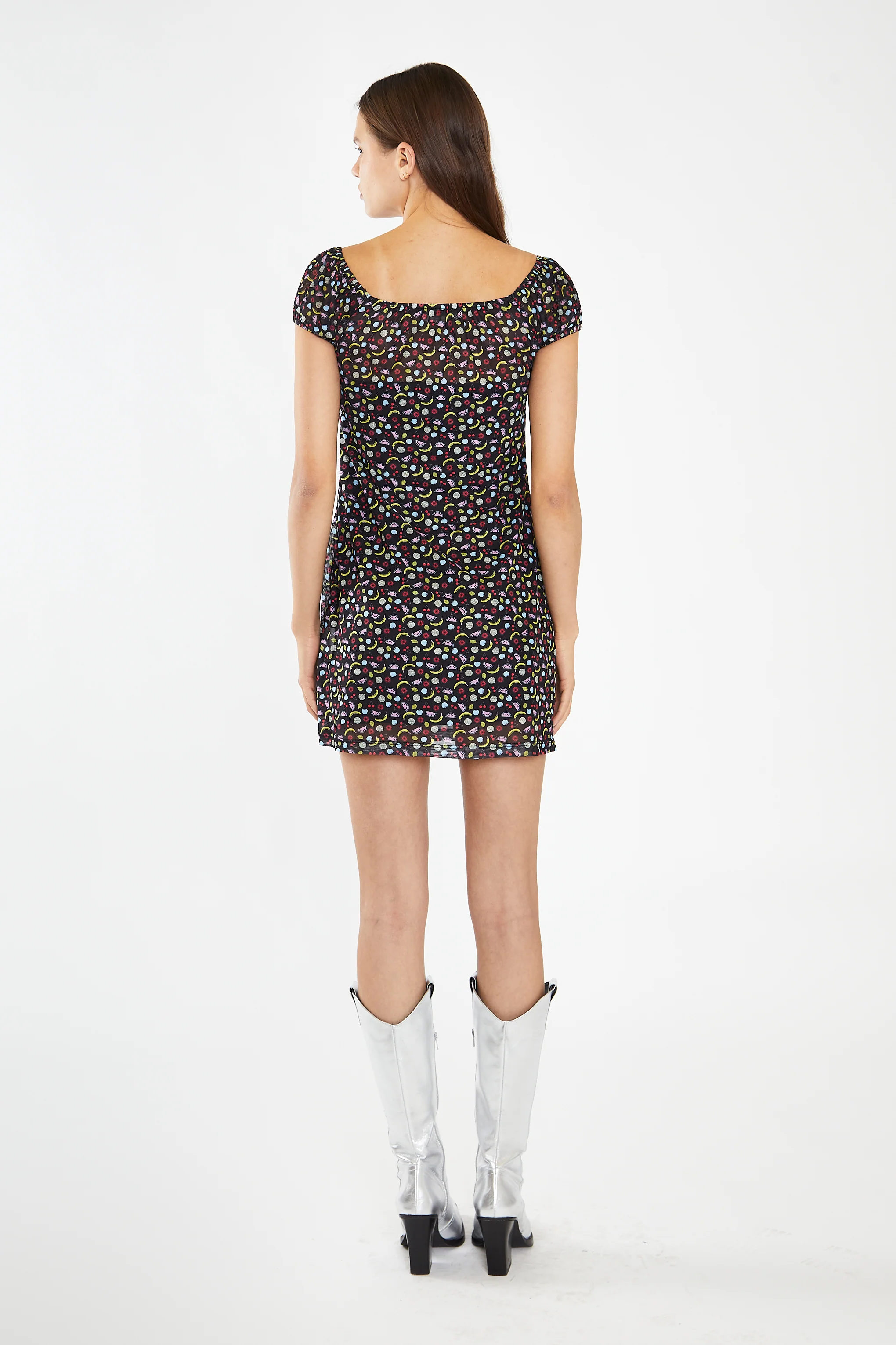 Black Fruit-Print Mesh Milkmaid Mini-Dress - Image 2
