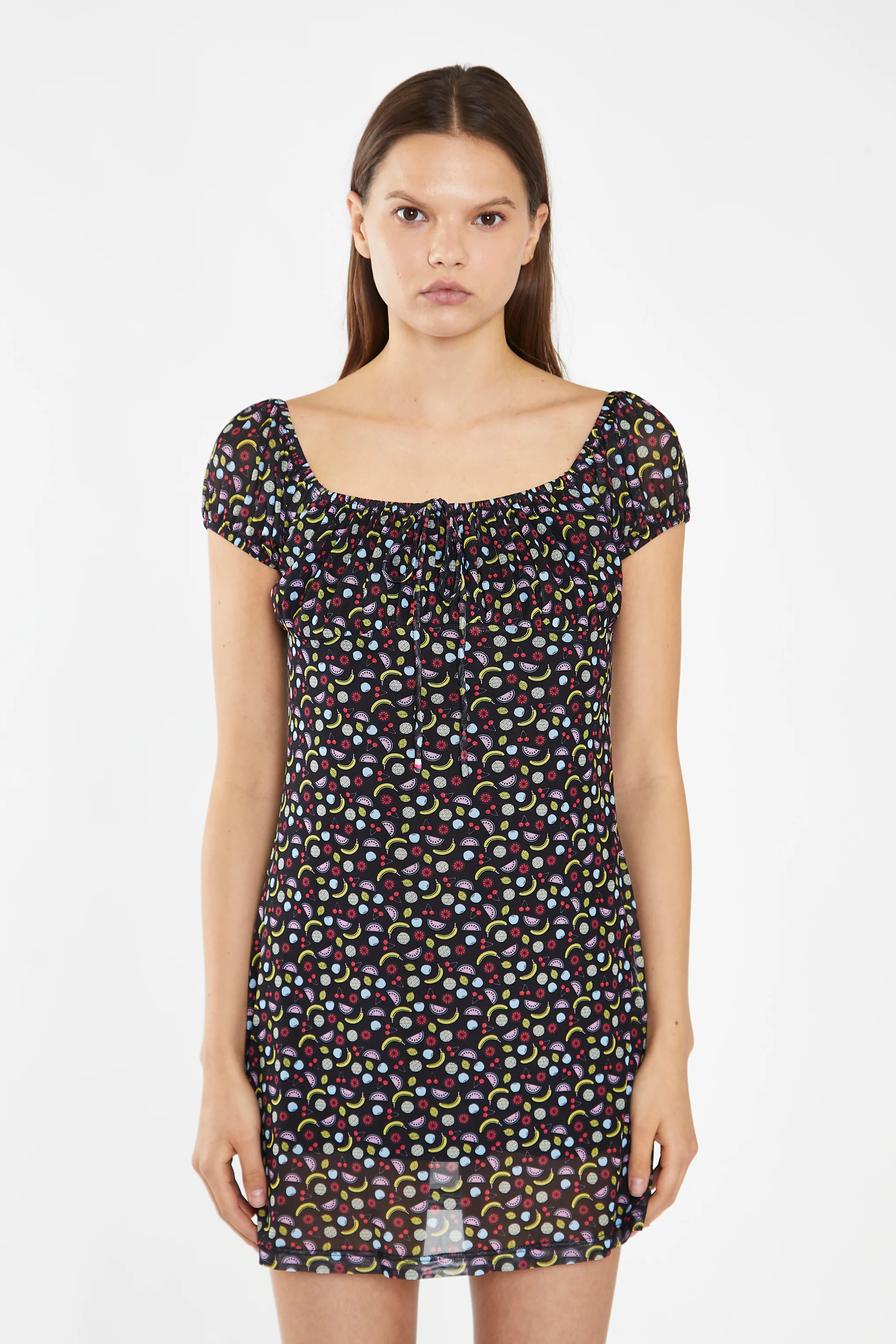 Black Fruit-Print Mesh Milkmaid Mini-Dress - Image 3