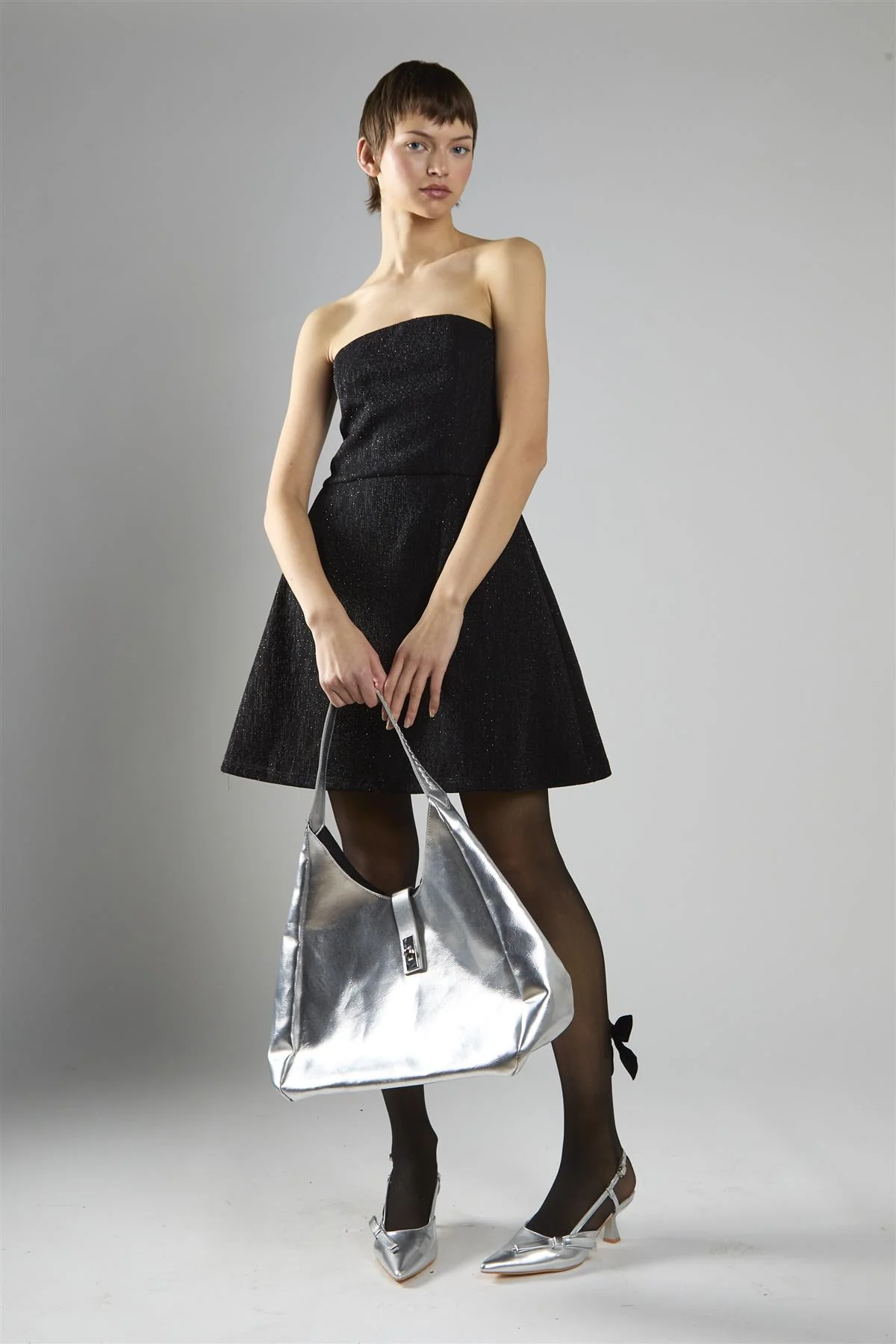 Black-Glitter A-Line Bandeau Mini-Dress