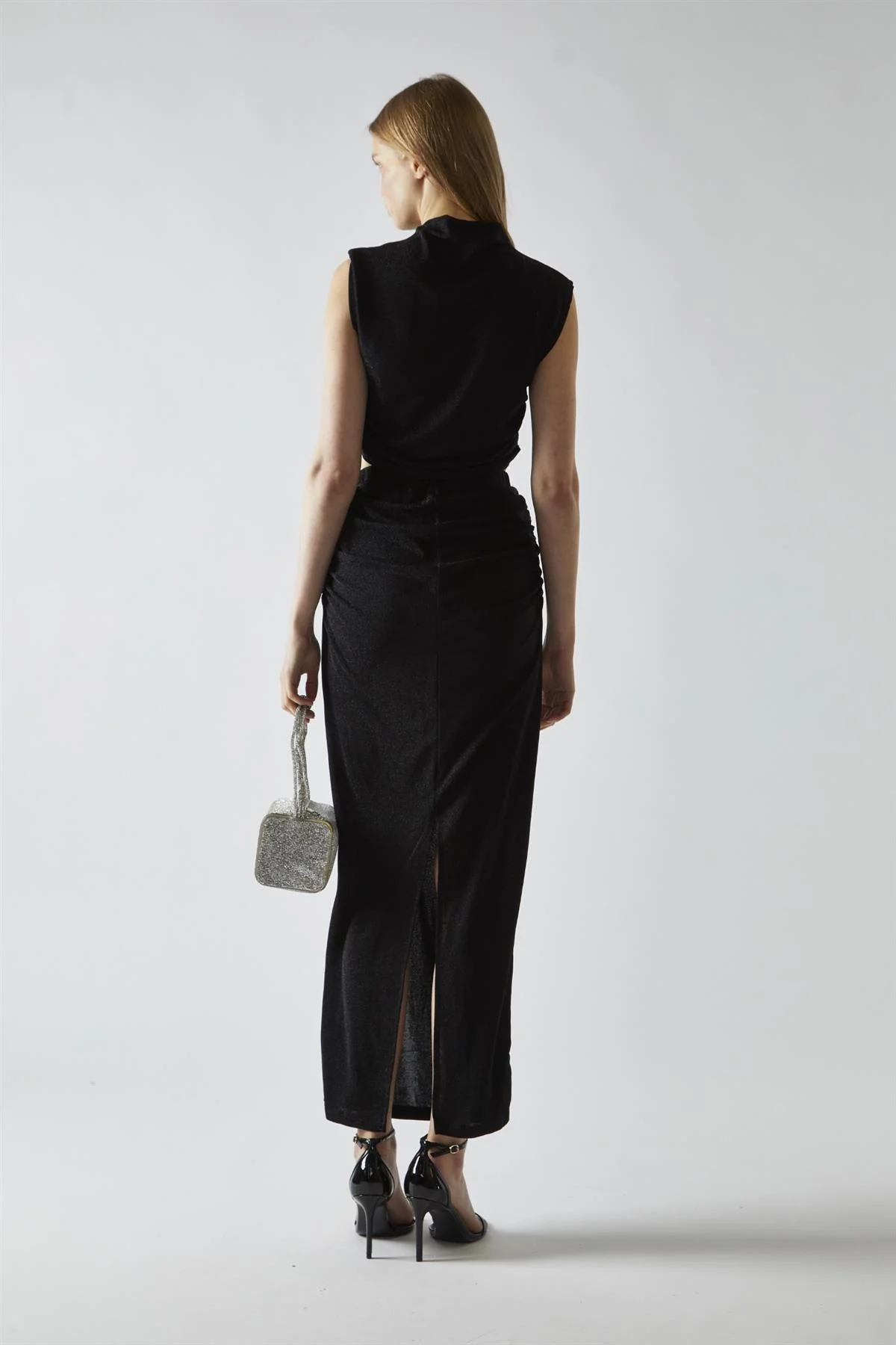 Black-Glitter Ruched Midaxi-Skirt - Image 2