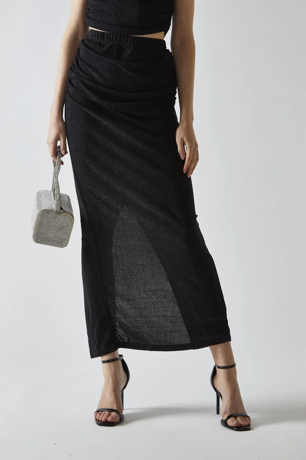 Black-Glitter Ruched Midaxi-Skirt - Image 3