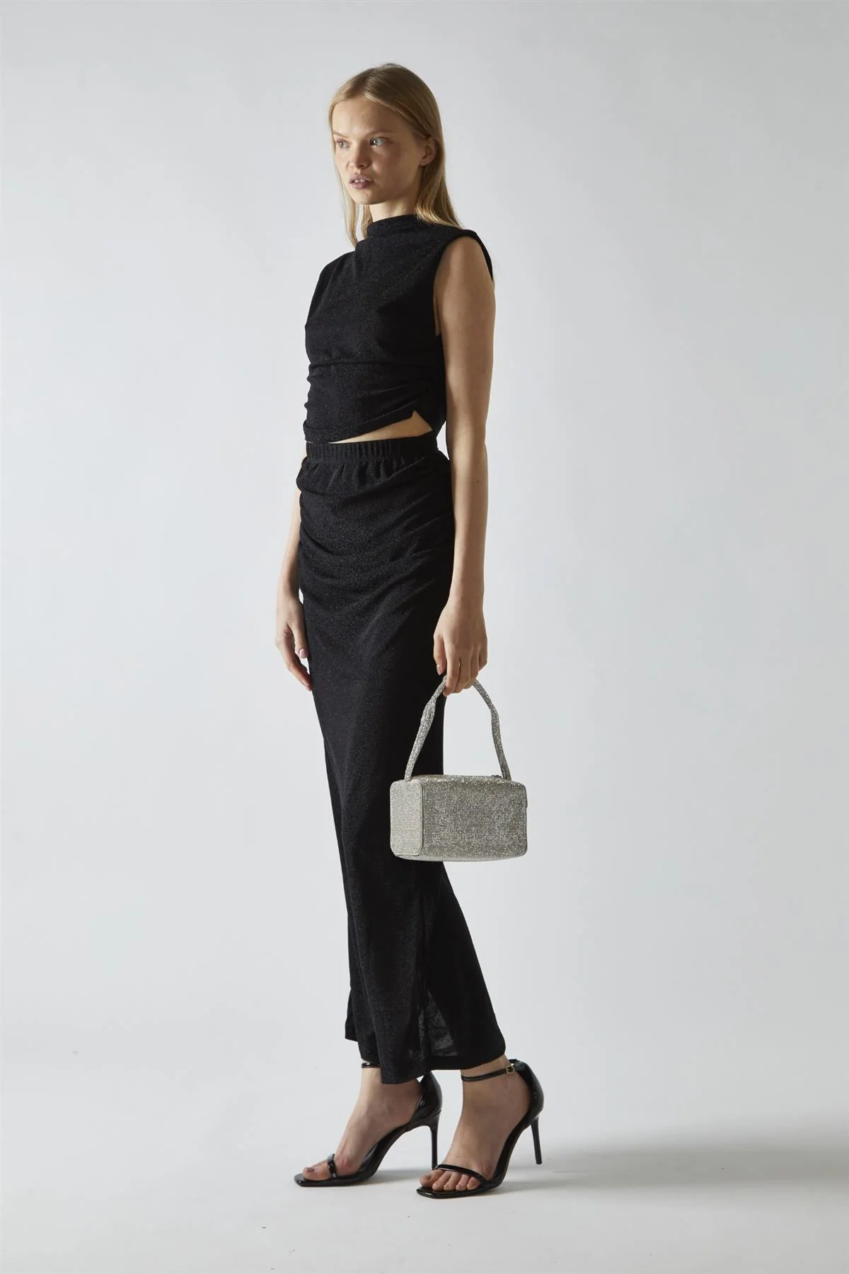 Black-Glitter Ruched Midaxi-Skirt - Image 4