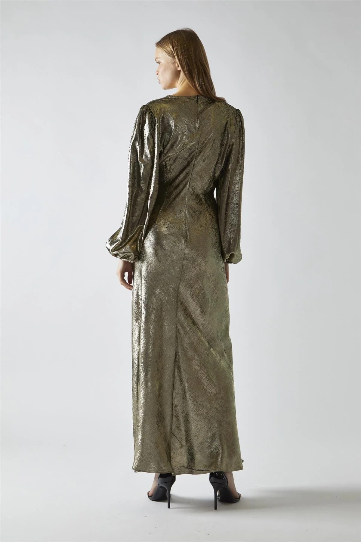 Black Gold Metallic V-Neck Maxi-Dress - Image 2