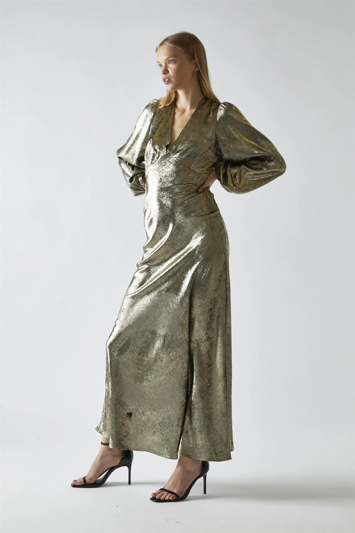 Black Gold Metallic V-Neck Maxi-Dress - Image 4