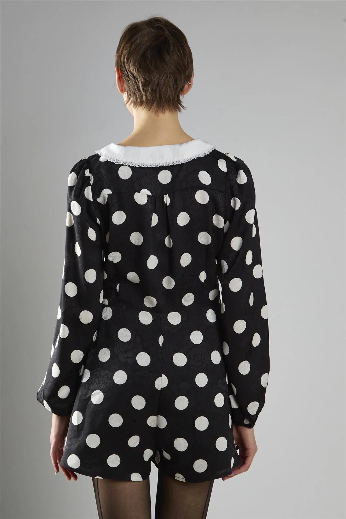 Black Large Spot Lace Trim Long Sleeve Playsuit - Image 2