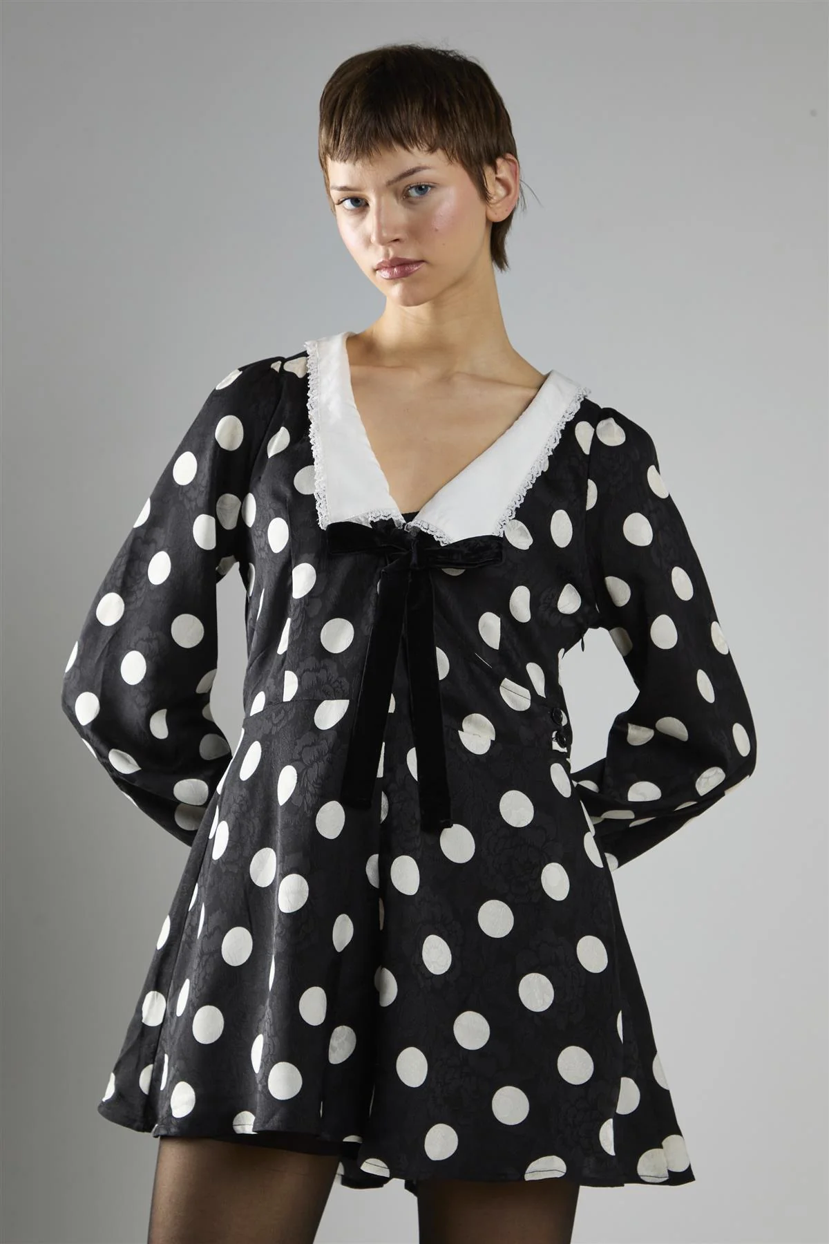 Black Large Spot Lace Trim Long Sleeve Playsuit - Image 3