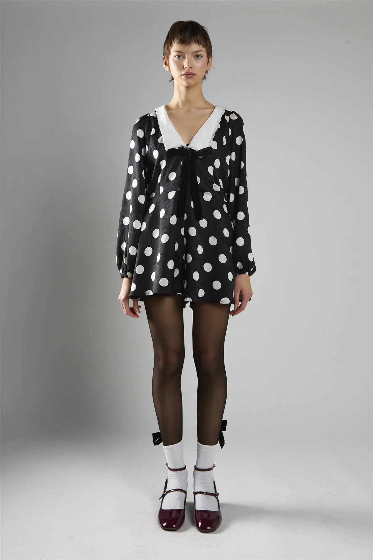 Black Large Spot Lace Trim Long Sleeve Playsuit - Image 5
