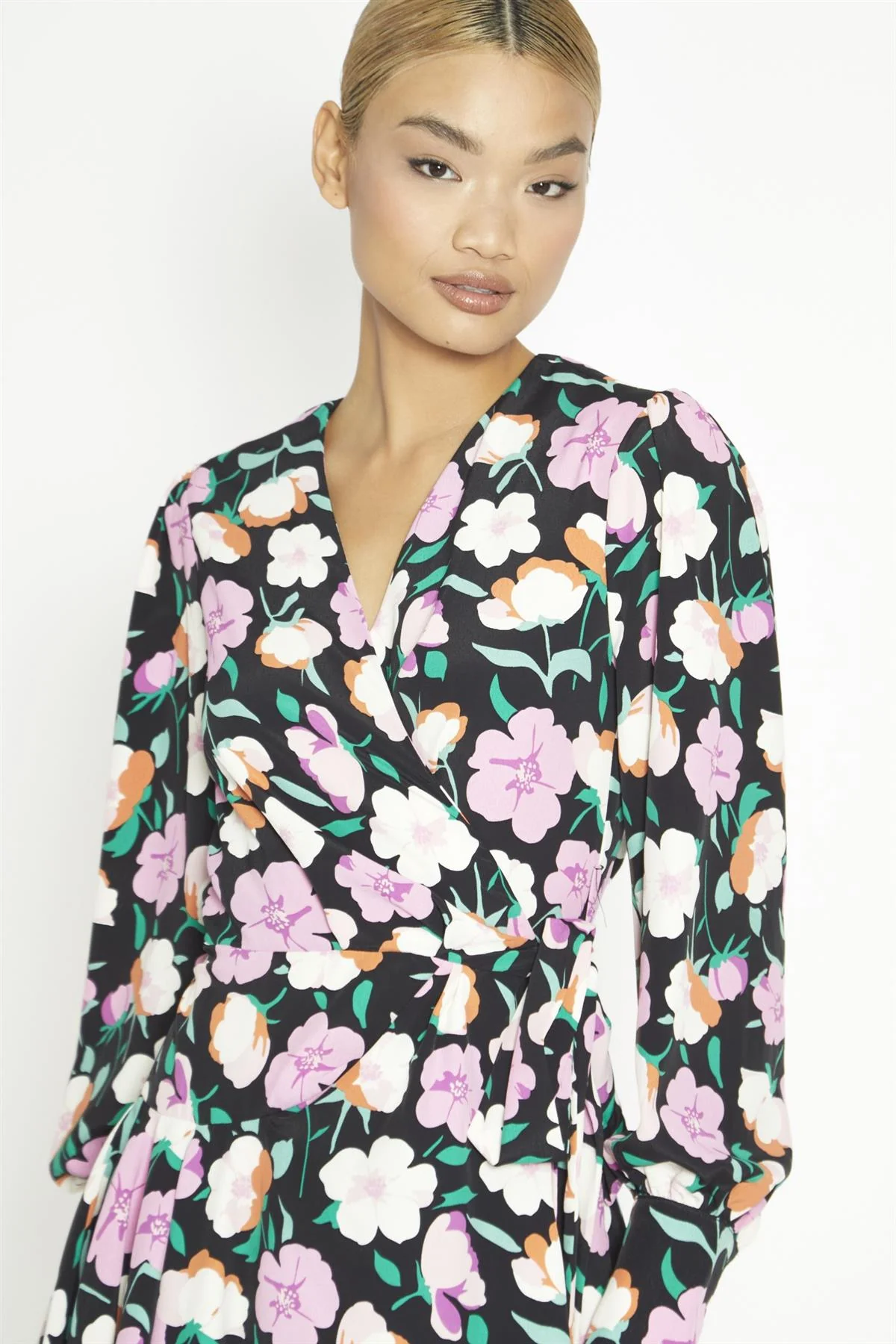 Black-Lilac Floral Wrap Mini-Dress - Image 2
