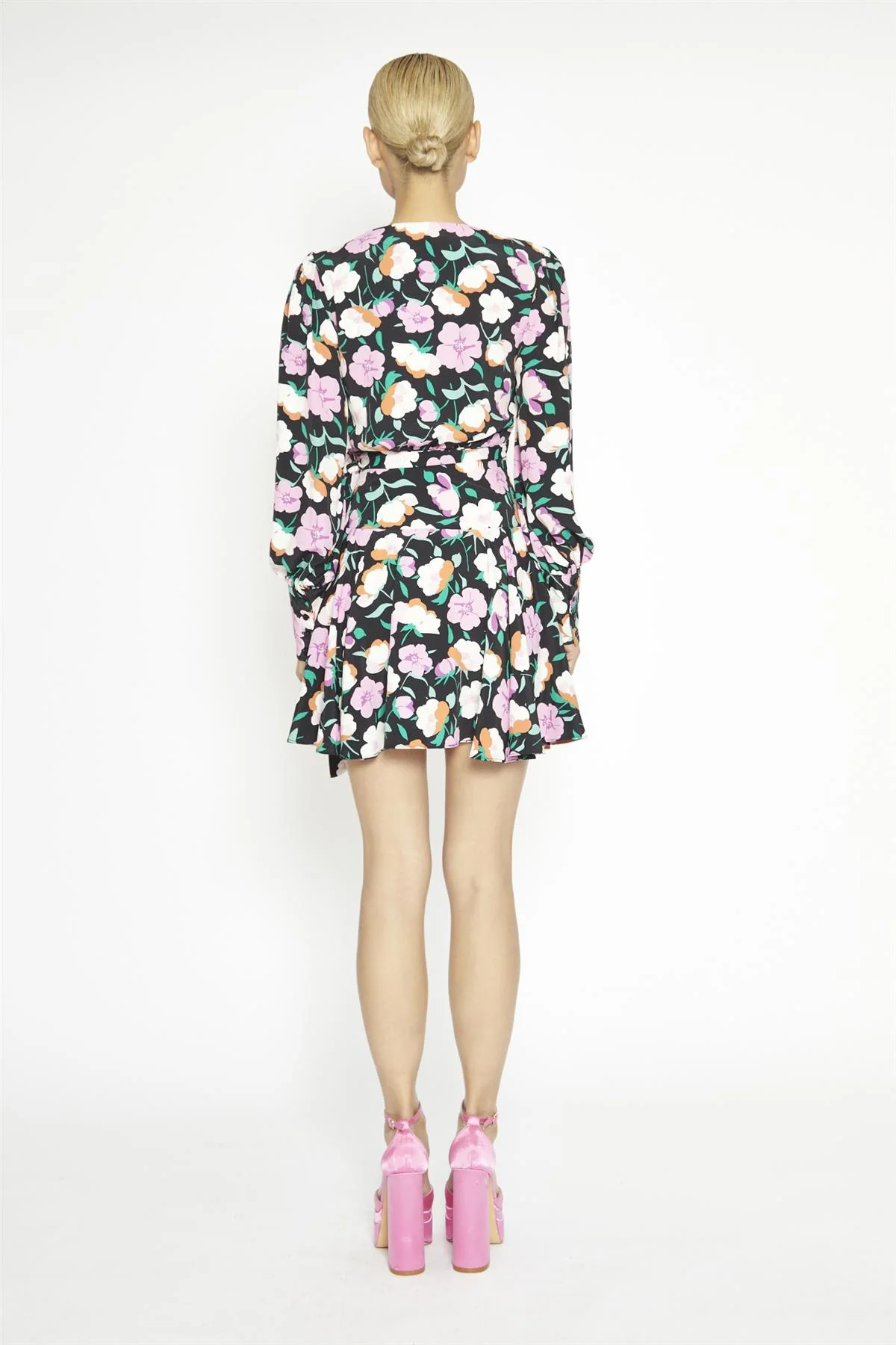 Black-Lilac Floral Wrap Mini-Dress - Image 3
