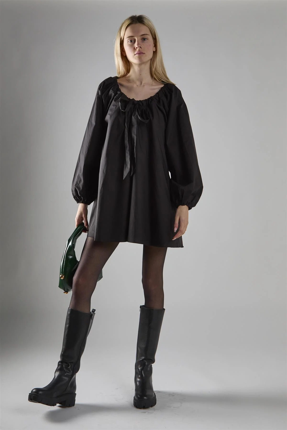 Black Long-Sleeve Tie Detail Mini-Dress - Image 5