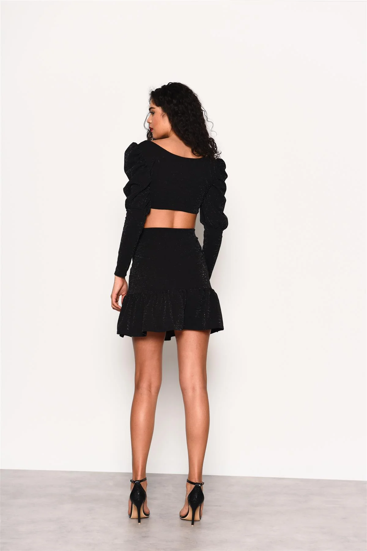 Black-Lurex High-Waisted-Ruffle Mini-Skirt - Image 2