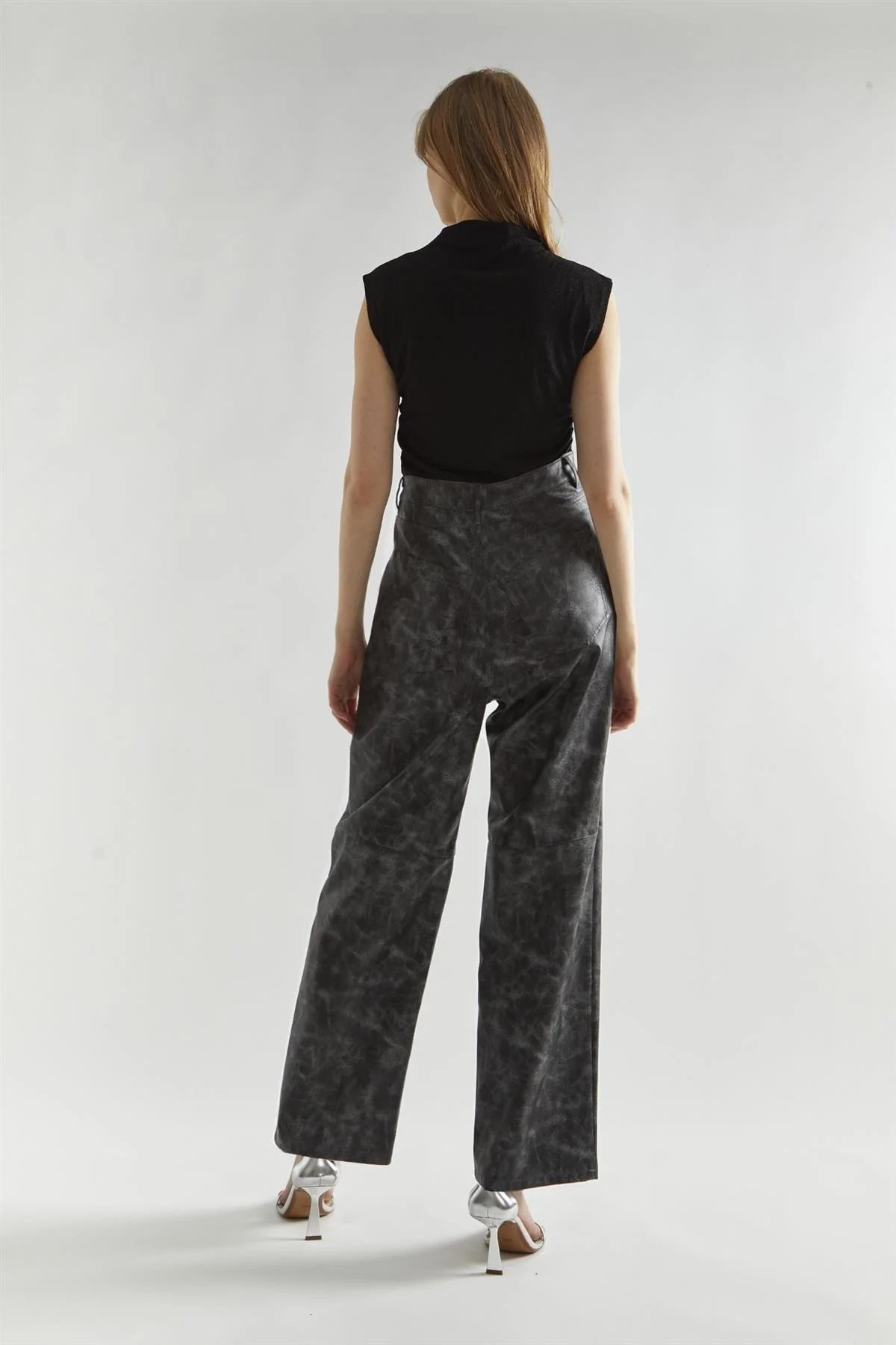 Black Marble PU Wide-Leg High-Waist-Trousers - Image 2