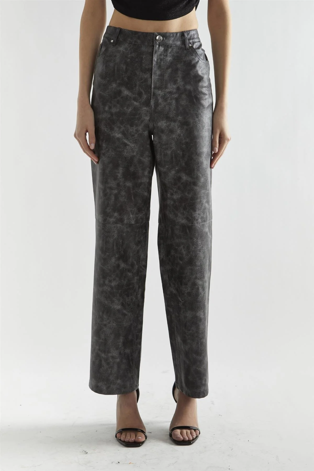 Black Marble PU Wide-Leg High-Waist-Trousers - Image 3