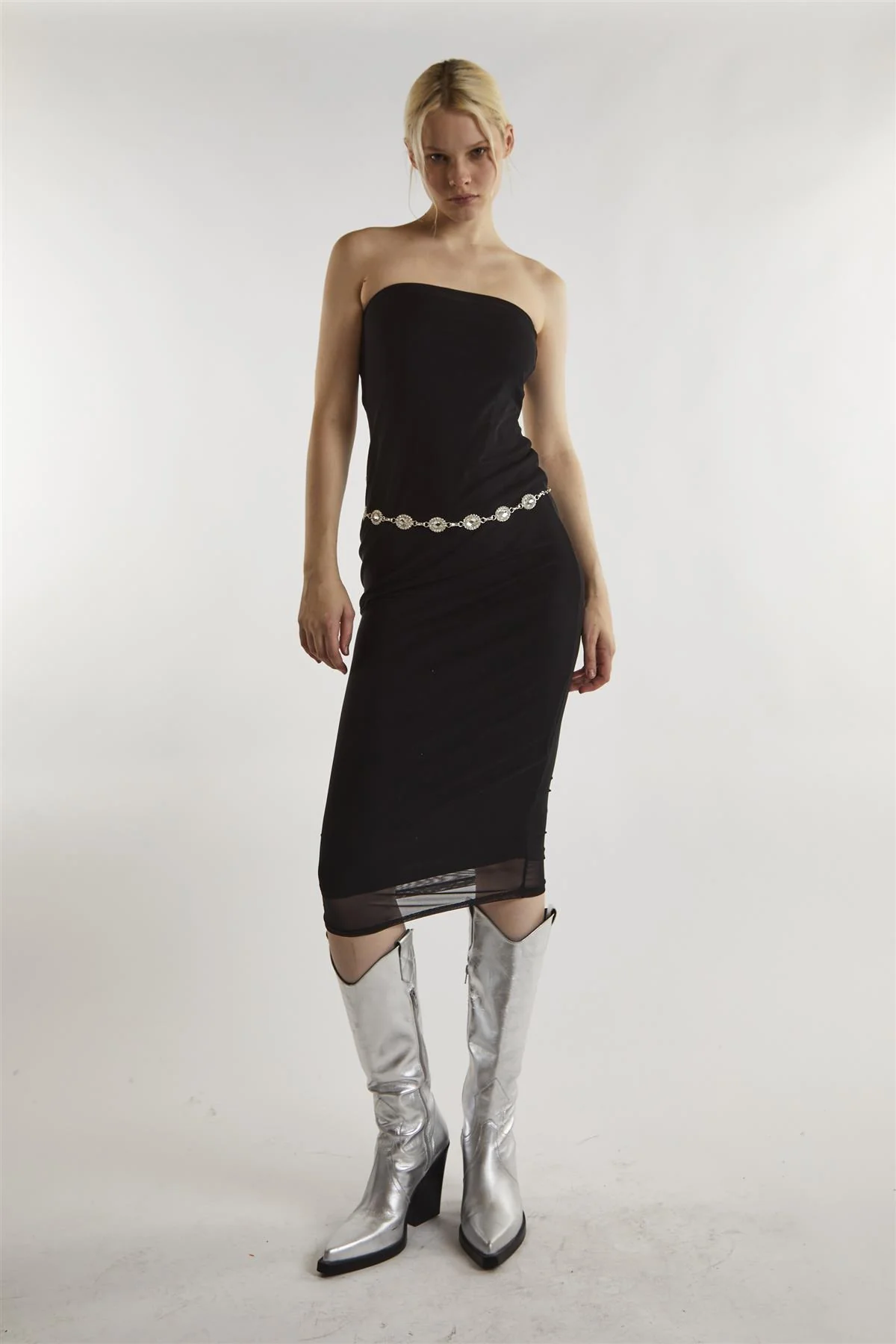 Black-Mesh Bandeau Bodycon Midaxi-Dress