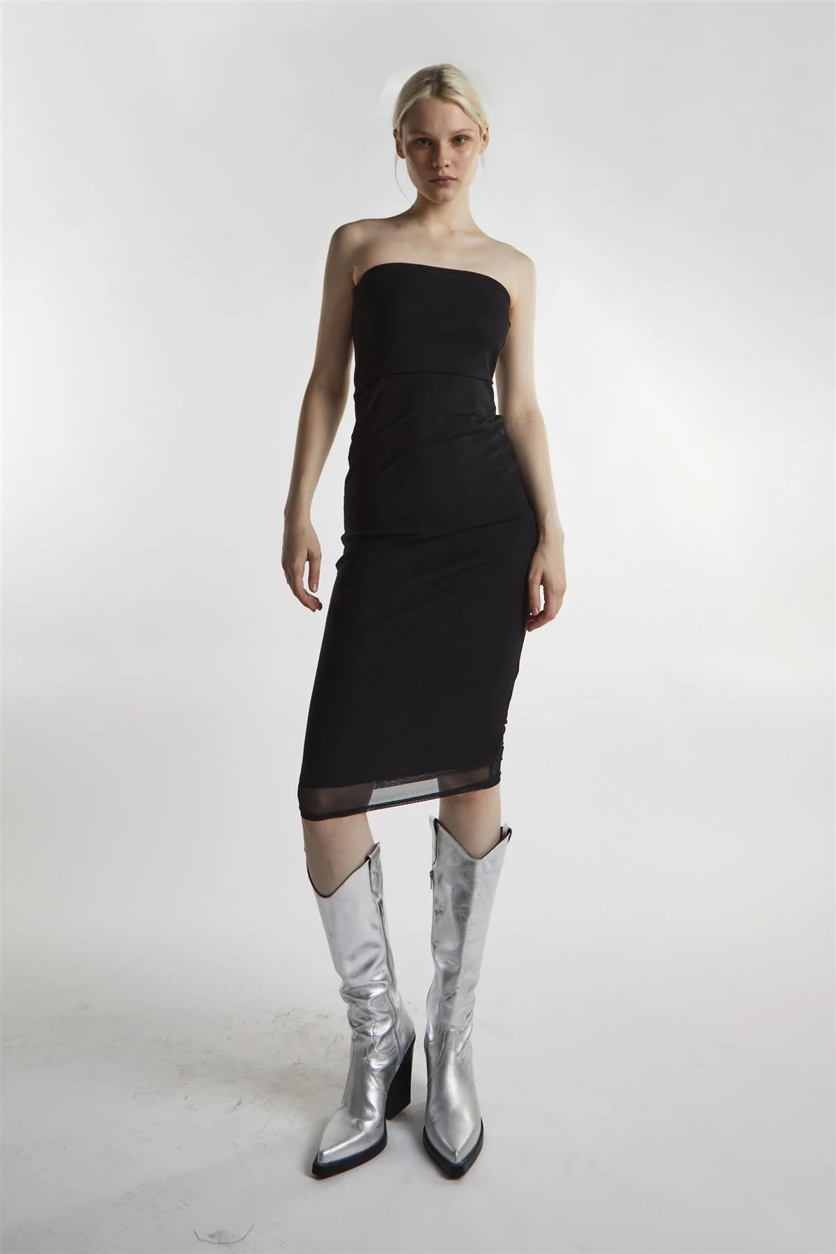 Black-Mesh Bandeau Bodycon Midaxi-Dress - Image 5