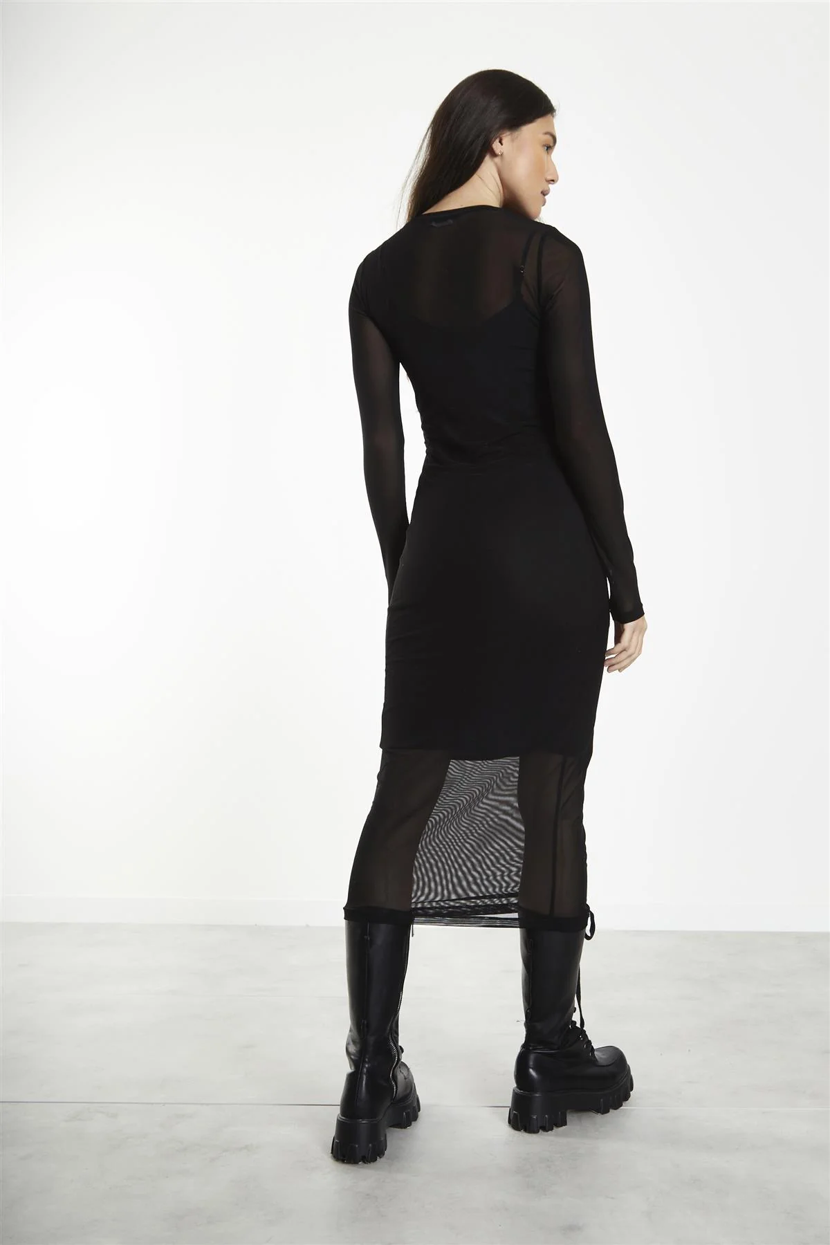 Black Mesh Crew Neck Midi-Dress - Image 2