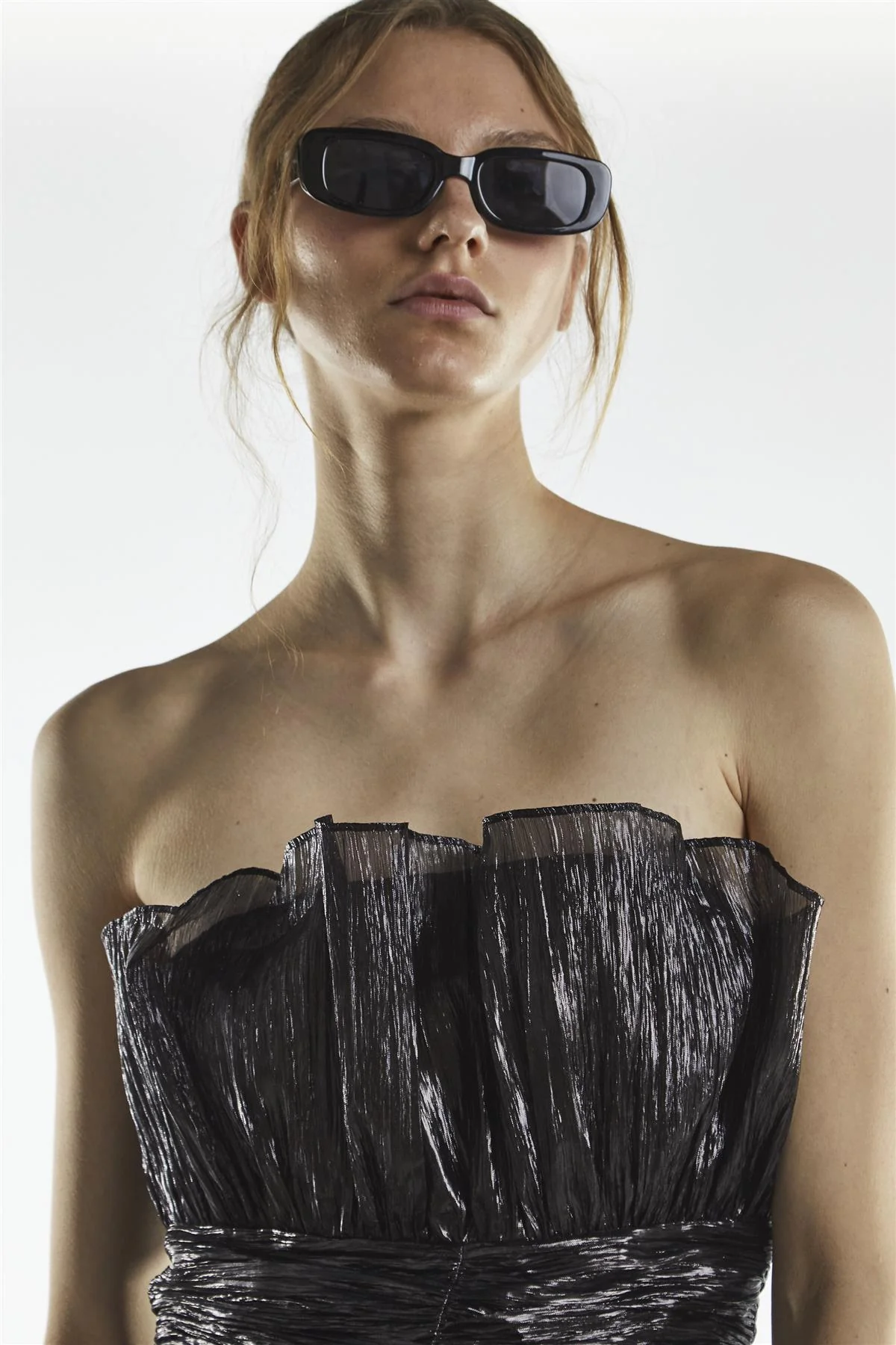 Black-Metallic Callie Gathered Bandeau Mini Dress - Image 3