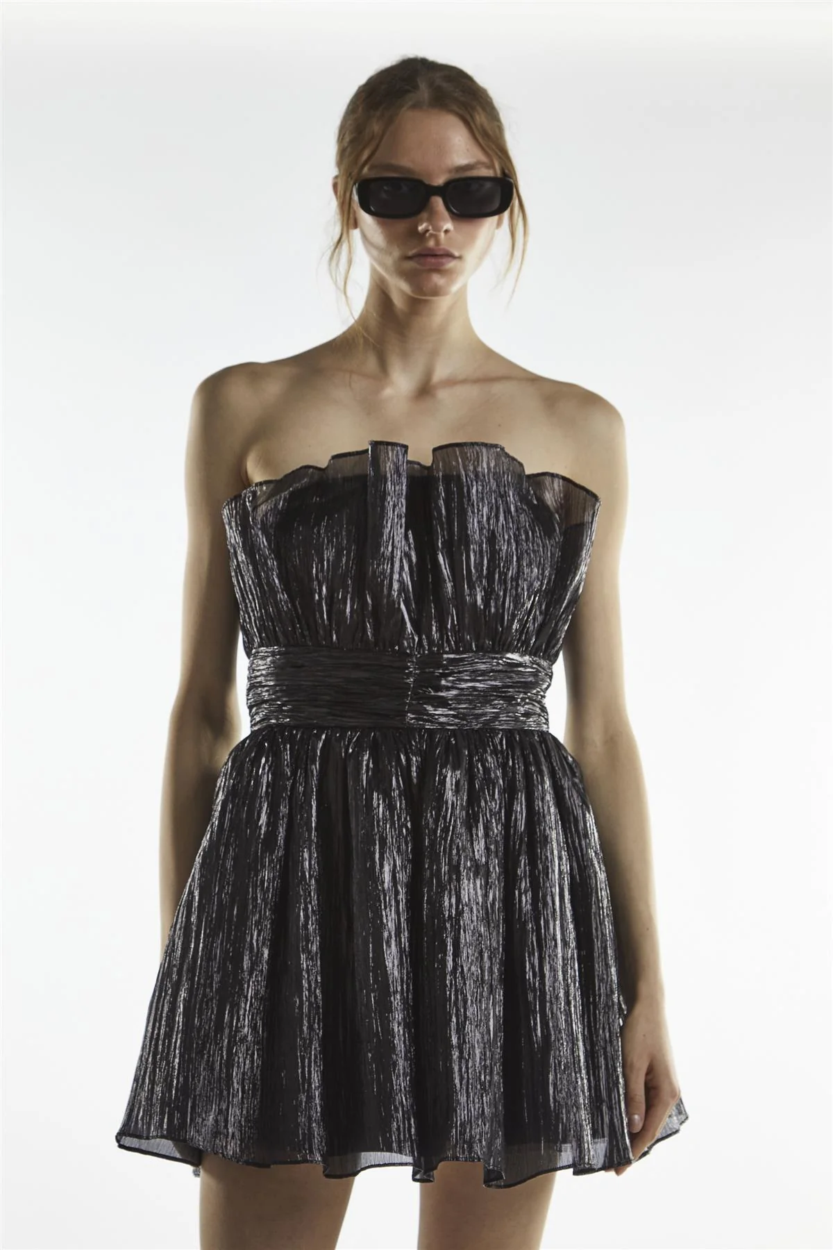 Black-Metallic Callie Gathered Bandeau Mini Dress - Image 4