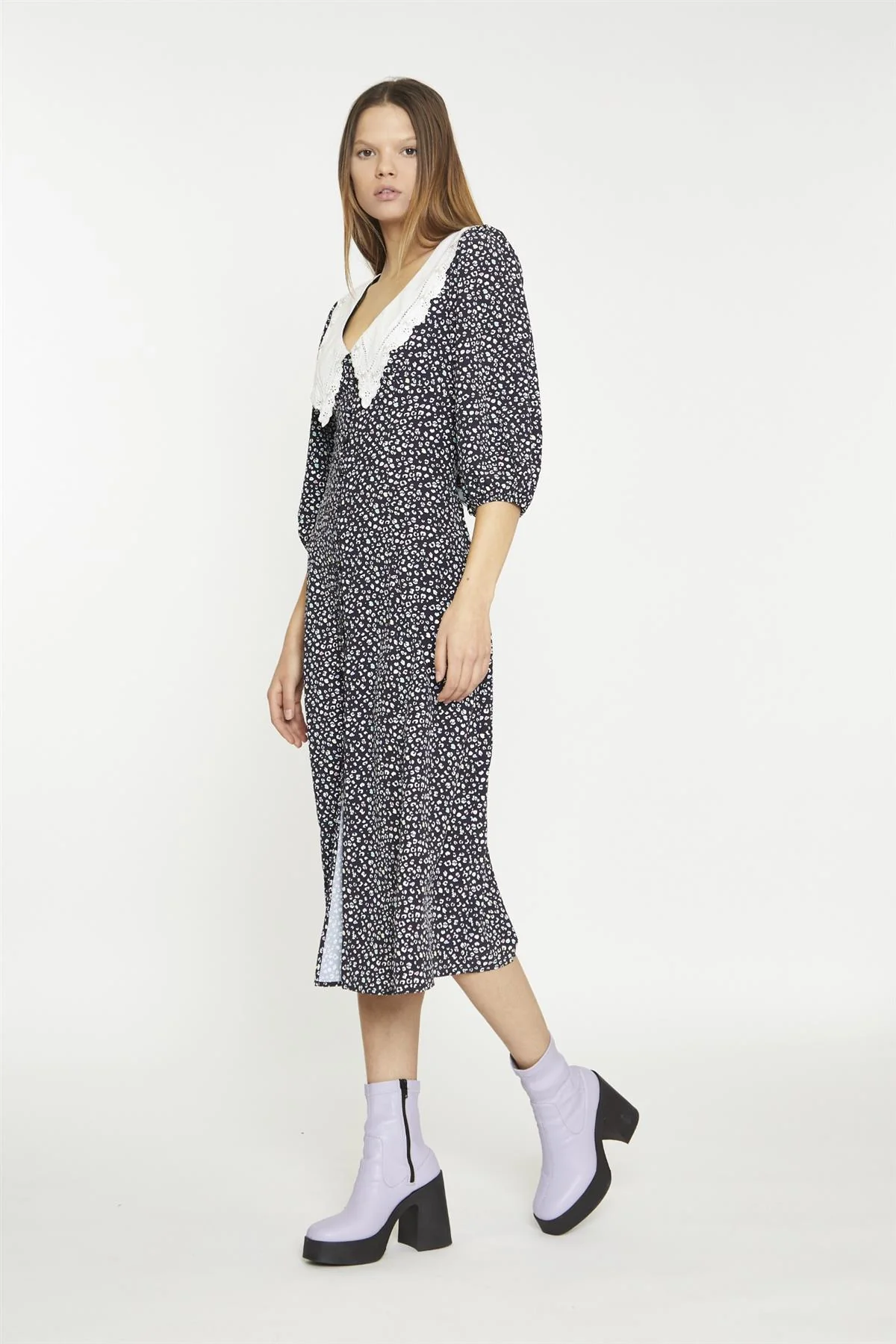 Black-Mini-Leopard-White Contrast-Collar Midi-Dress - Image 4